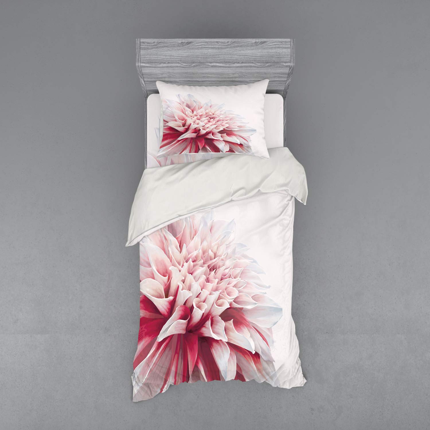 Ambesonne Dahlia Duvet Cover Set - Red & White Floral Bedding with Sham & Fitted Sheet, Twin Size, Ruby Ivory White - Perfect for Boho Chic Bedrooms, Guest Rooms & Dorm Decor