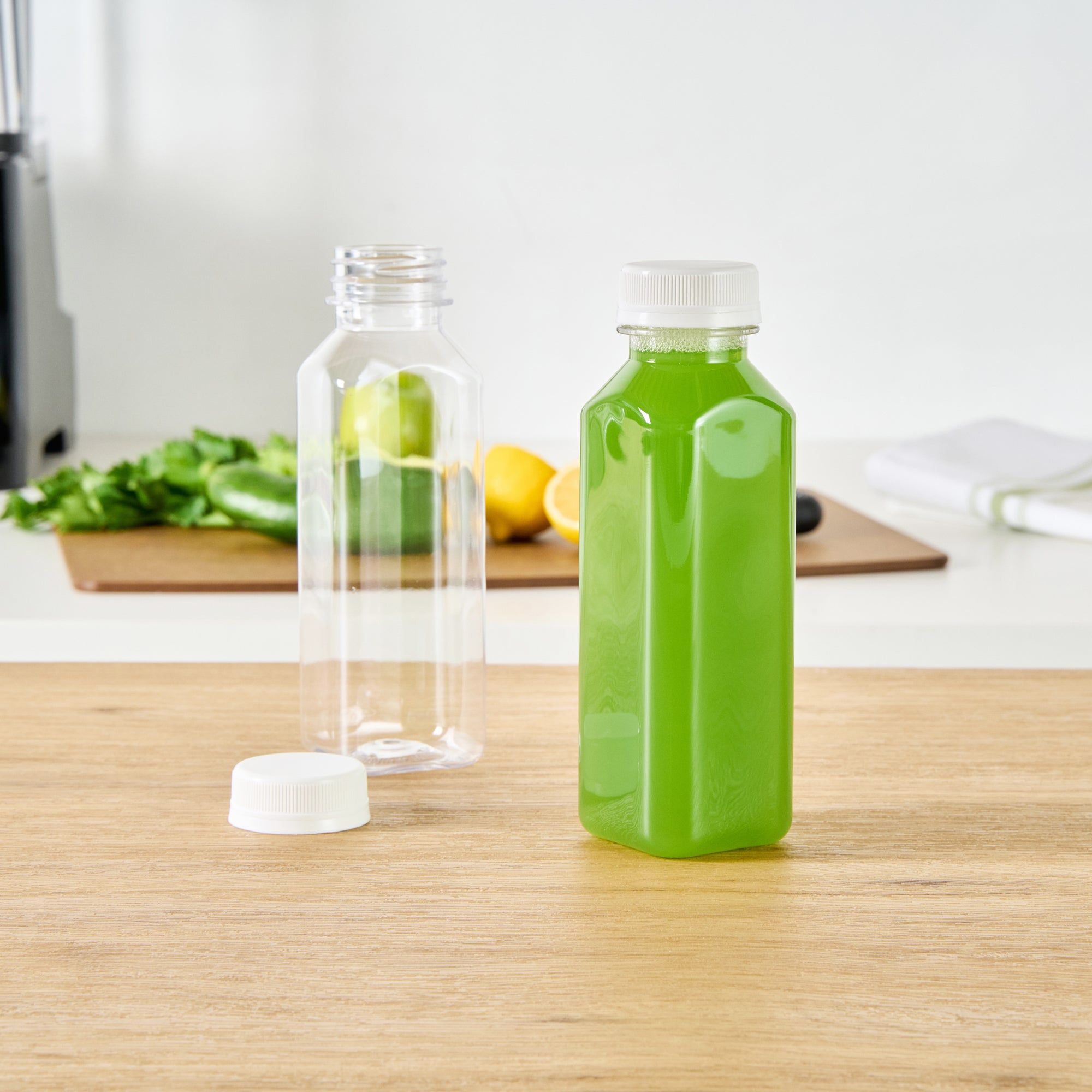 12 oz Square Clear Plastic Cold Pressed Juice Bottles with Safety Cap - 2 x 2 x 6.5 Inches - Pack of 100 - Perfect for Fresh Juices, Smoothies & Meal Prep Storage
