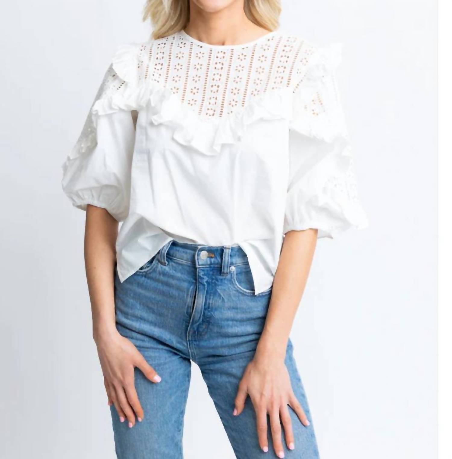 Graceful Gal Eyelet Poplin Top - Women's White Lace Summer Blouse for Casual Wear & Beach Outings