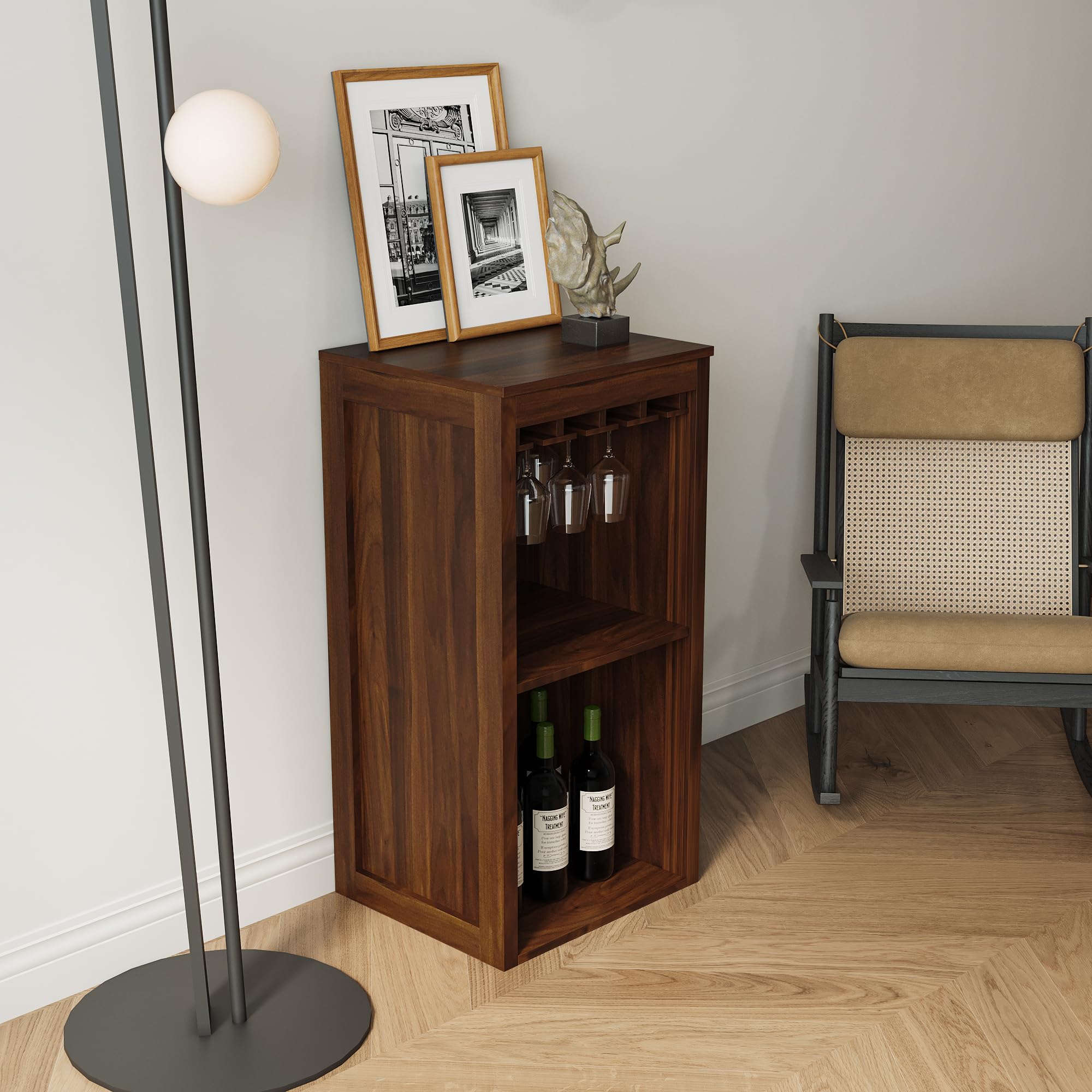 Holaki 2-Piece Modular Wine Bar Cabinet Set - Farmhouse Style Kitchen Hutch with 2 Drawers, Open Shelves & Wine Glass Rack - Walnut Brown Storage Cabinet for Living Room, Dining Room & Kitchen - Perfect for Home Entertaining & Wine Storage