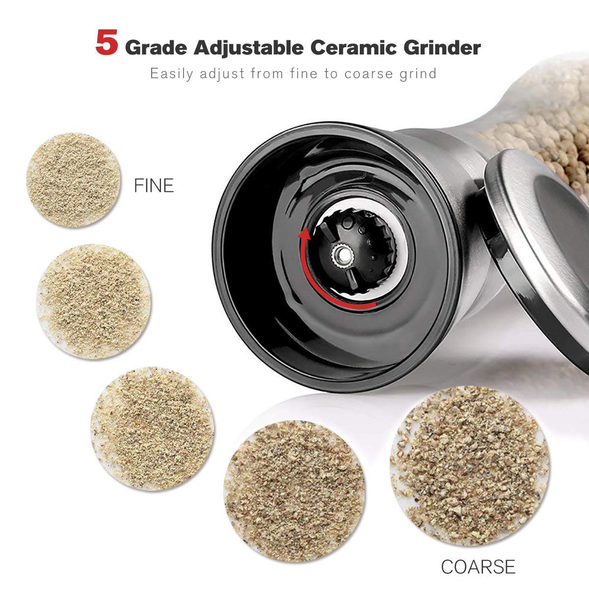Premium Stainless Steel Salt and Pepper Grinder Set - Adjustable Coarseness with 5 Grinding Levels - Ideal for Kitchen, Dining Table & Outdoor Cooking - Perfect for Seasoning Meats, Salads & More