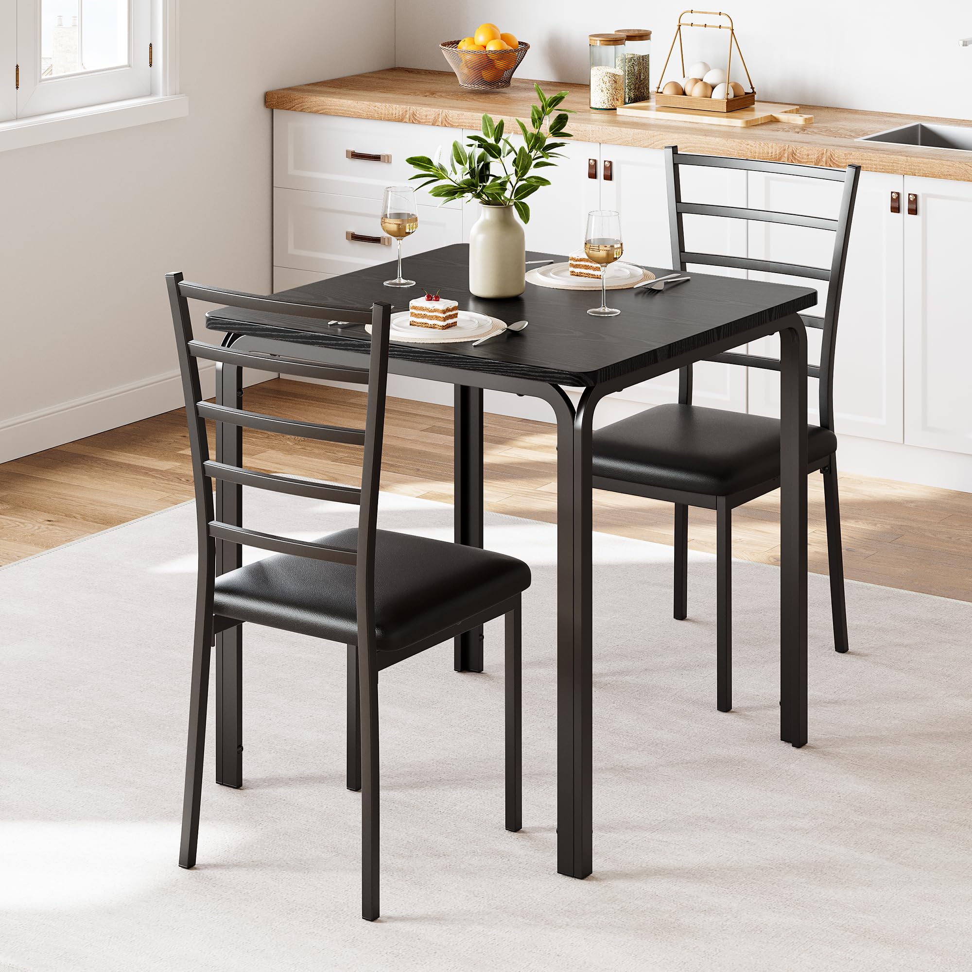 IDEALHOUSE 2-Person Square Dining Table Set - 3 Piece Small Space Kitchen & Dinette Set with 2 Chairs (Black) - Perfect for Apartments, Breakfast Nooks & Cozy Dining Areas
