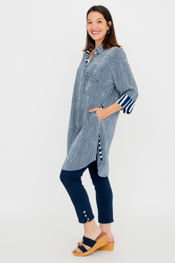 Jimal Women's Indigo Stripe Blouse - Casual Long Sleeve Button Down Shirt for Work, Office & Everyday Wear