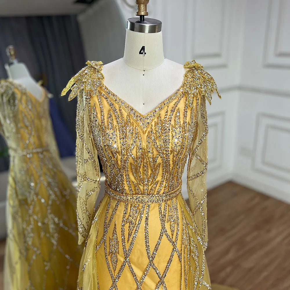 Luxury Dubai Evening Dresses for Women - Gold Beaded Mermaid Gown with Overskirt | Muslim Wedding Party Dress 2025 | Perfect for Formal Events, Red Carpet & Special Occasions