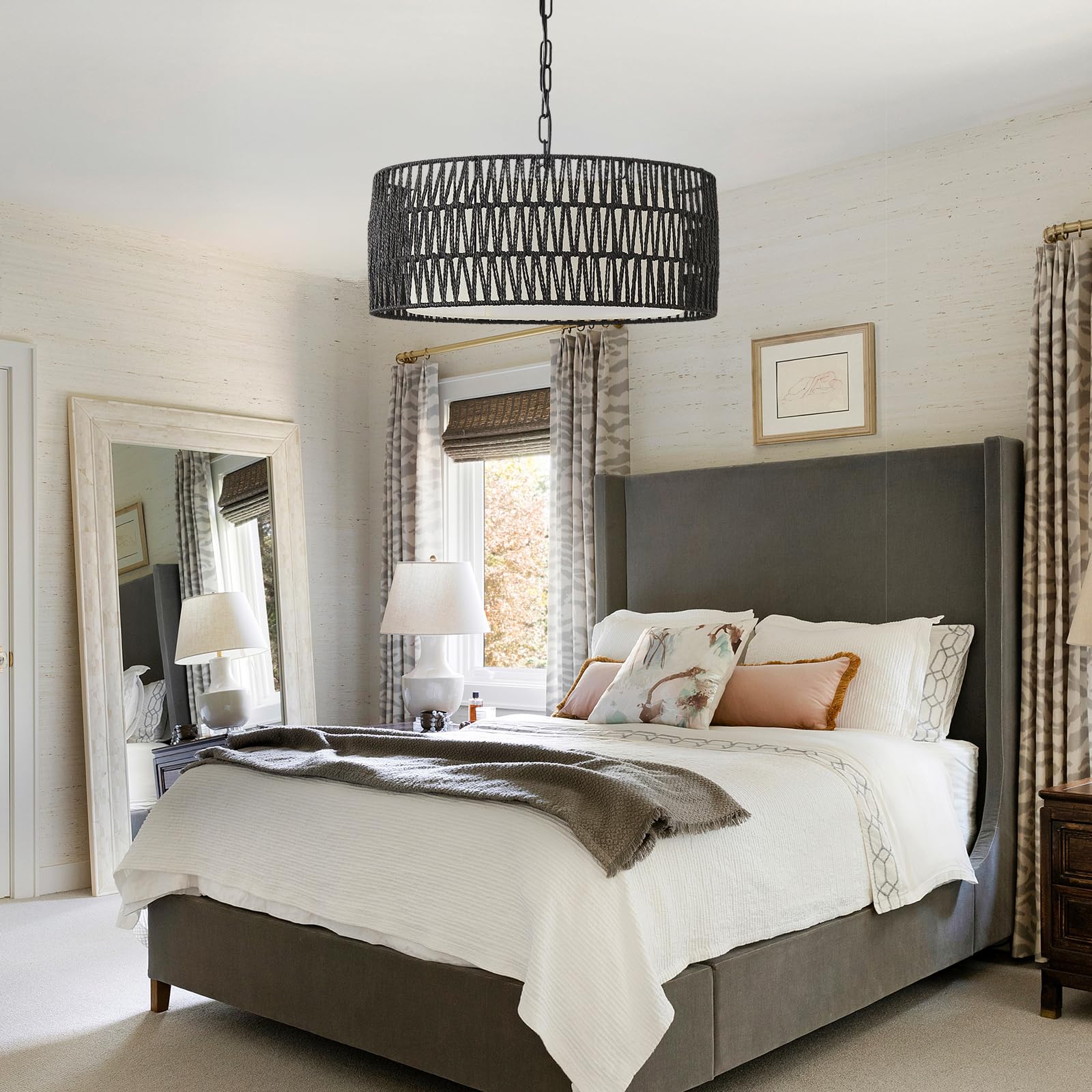 Farmhouse Rattan Chandelier Light Fixture - Black Boho Pendant Light with Hand Woven Wicker & Fabric Shade - Coastal Dining Room, Kitchen, Bedroom, Island & Hallway Lighting - Perfect for Rustic, Bohemian & Coastal Home Decor
