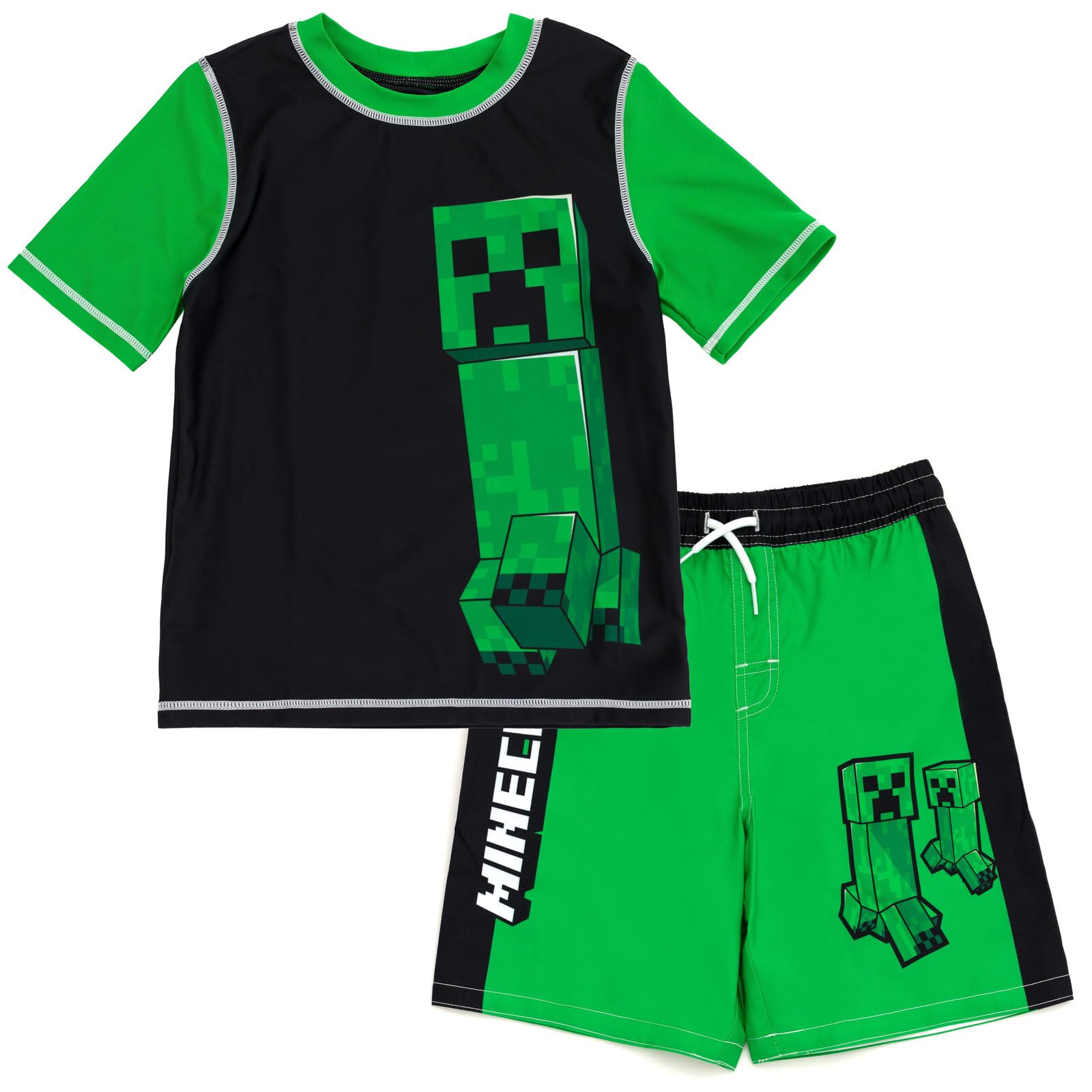 Minecraft Zombie Creeper Alex Steve Rash Guard & Swim Trunks Set for Kids - UV Protection Swimwear for Boys & Girls at Pool, Beach & Summer Activities