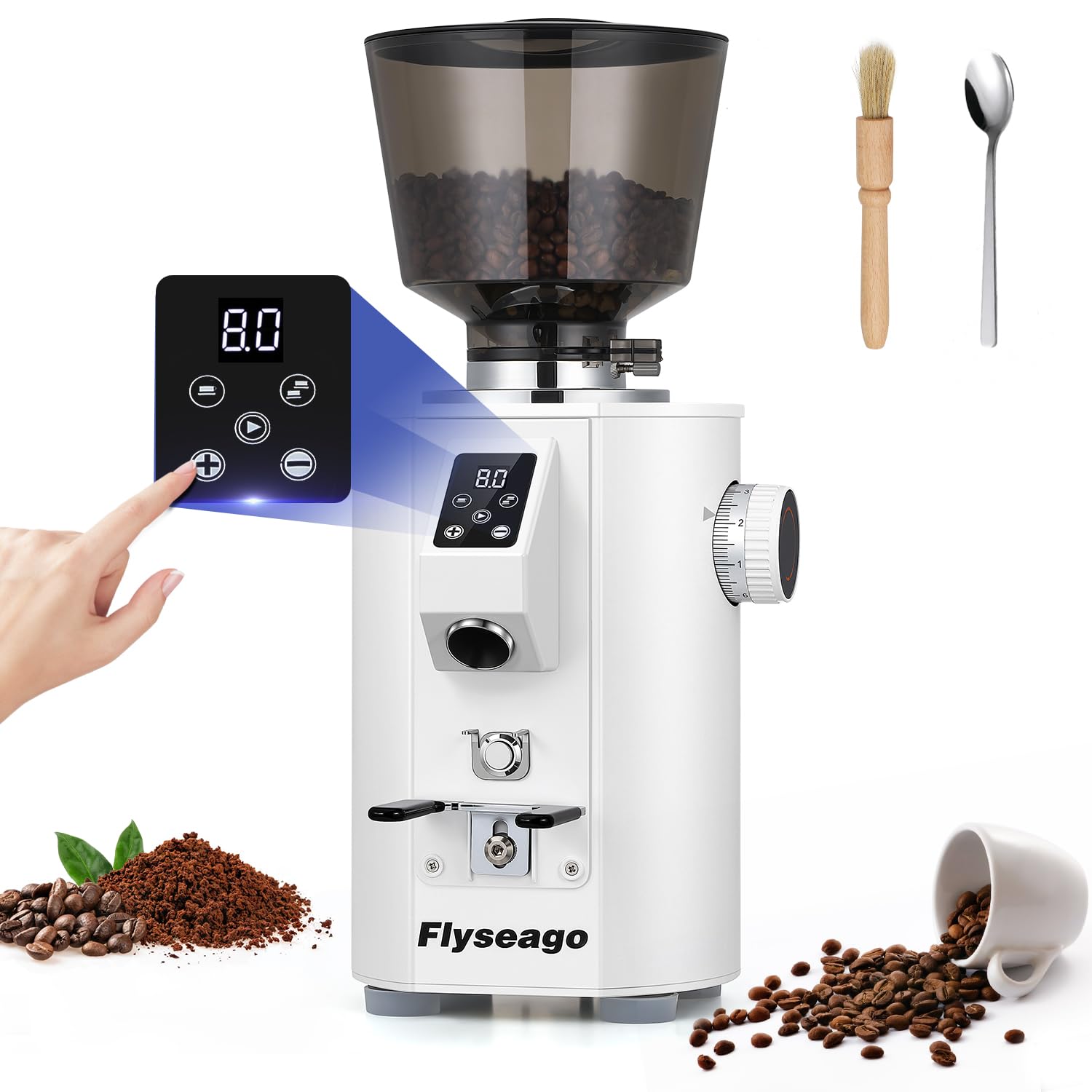 400W Commercial Electric Flat Burr Coffee Grinder - 8 Precise Settings for Espresso, French Press & Drip Coffee - Large 35.27oz Hopper & Grounds Tray - Perfect for Cafes, Restaurants & Home Baristas (White)