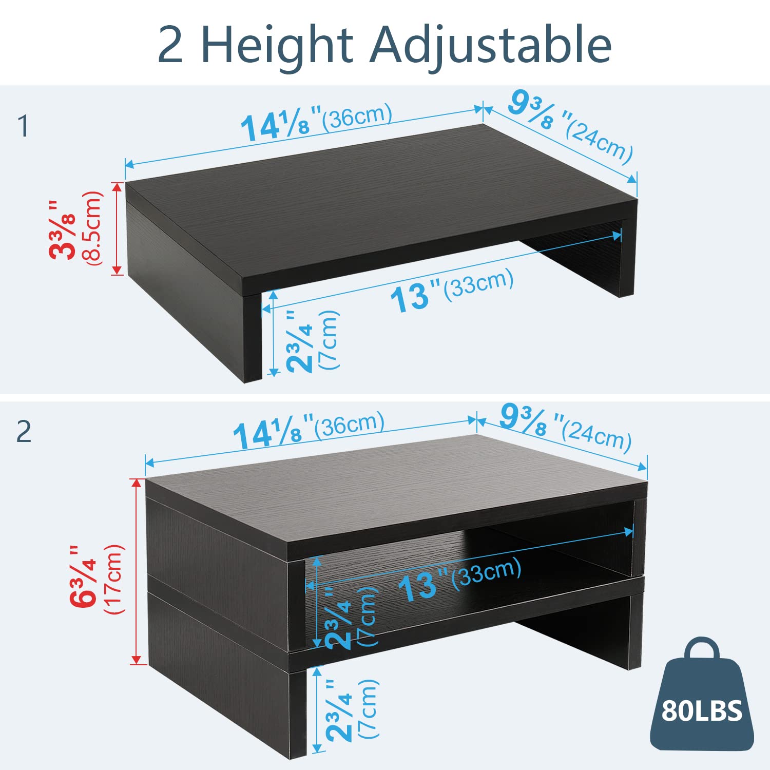 TEAMIX 2 Pack Adjustable Wood Monitor Stand Riser - Dual Tier Desk Organizer for Computer Monitors, Laptop & PC Accessories - Perfect for Home Office, Gaming Setup & Workspace Organization (Black)