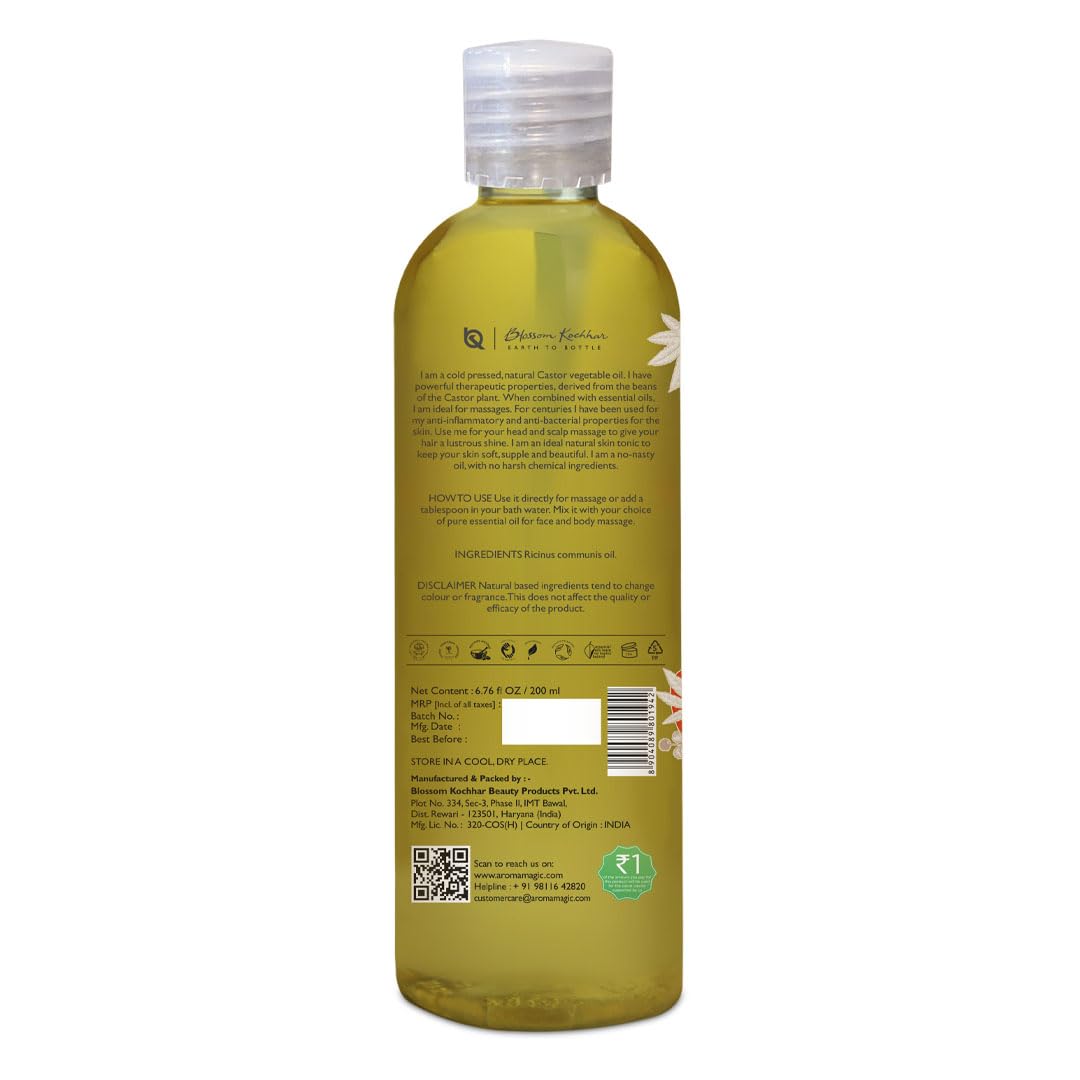 Organic Castor Oil for Hair Growth & Skin Care - 200ml Pure Cold-Pressed Aroma Magic Oil - Perfect for Eyelashes, Eyebrows & Dry Skin Hydration