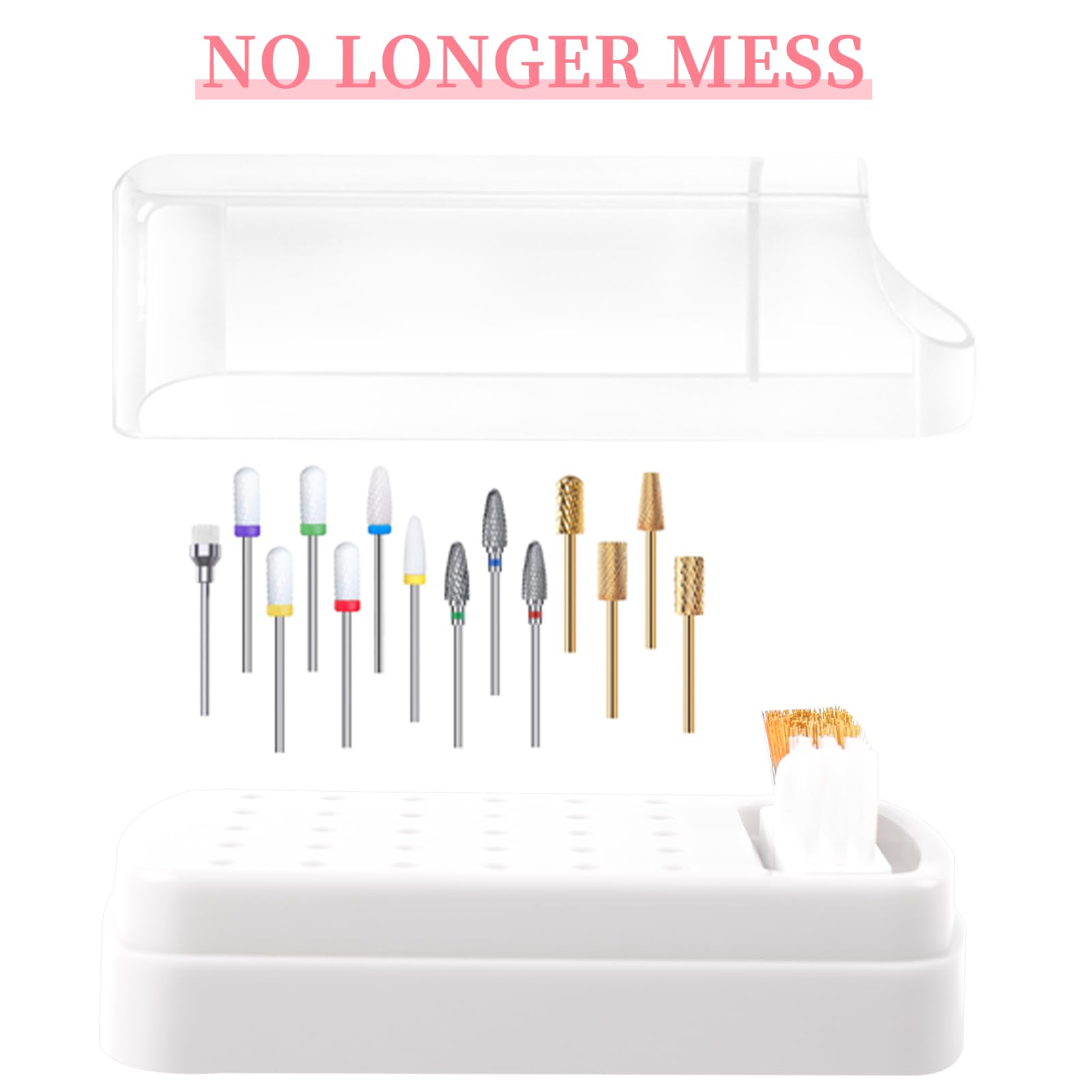 2 in 1 Nail Drill Bits Holder & Cleaner - 30 Hole Dustproof Storage Box with 3 Cleaning Brushes - White Acrylic Plastic Nail Art Kit for Professional & Home Manicure & Pedicure - Perfect for Nail Salons, DIY Nail Care & Travel Beauty Essentials