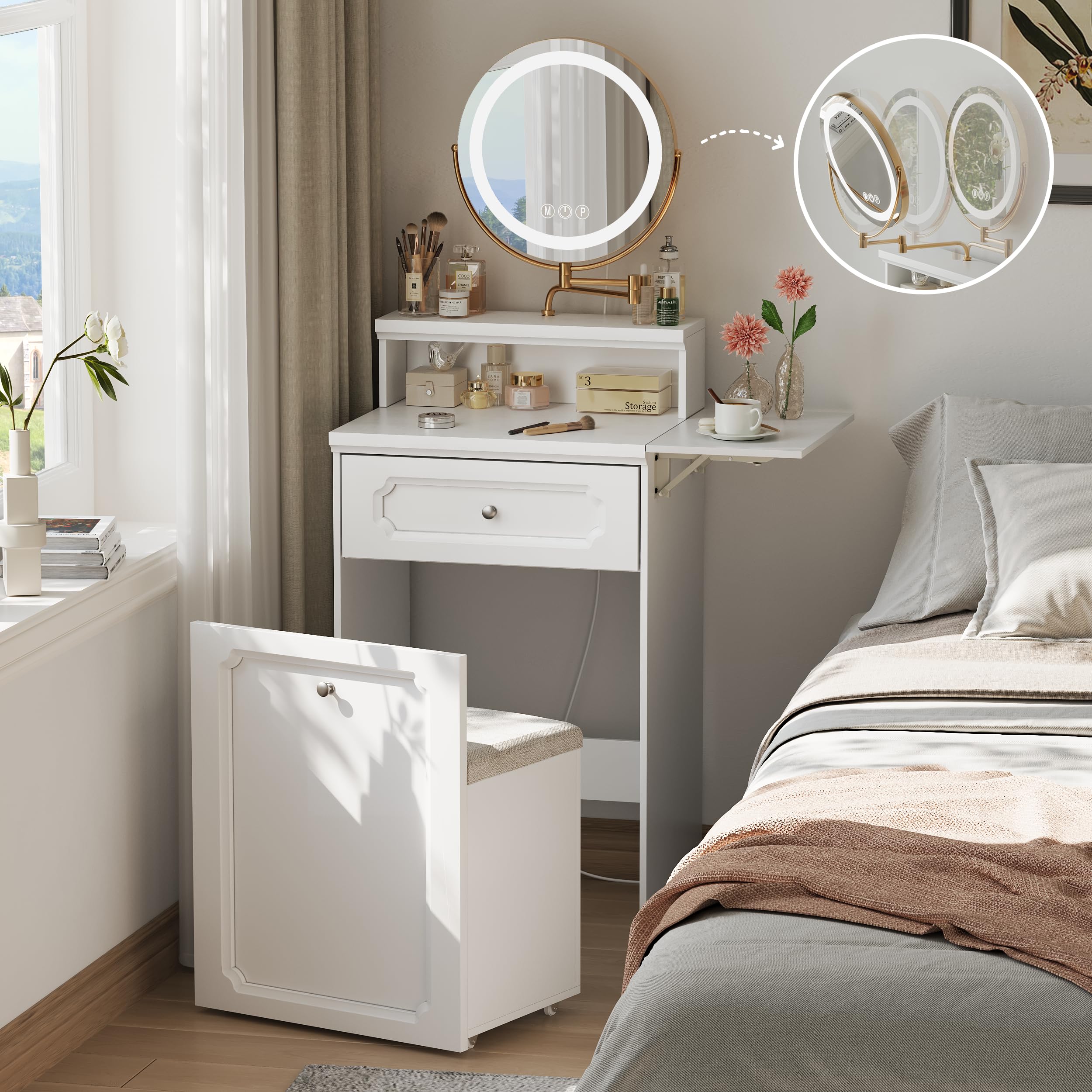 3 in 1 Small Vanity Makeup Desk with Rotatable Mirror & LED Lights - White Compact Makeup Table with Adjustable Lighting & Stool - Space Saving Corner Vanity with Foldable Panel for Bedroom, Dorm or Small Apartment