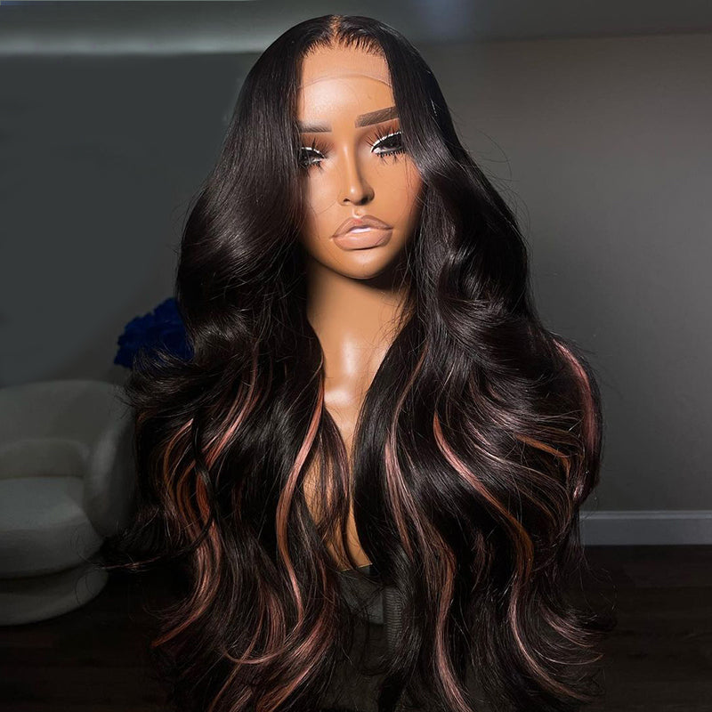 Eullair Body Wave Human Hair Wig with Pink Highlights - Glueless Lace Frontal Wig for Women - Perfect for Daily Wear, Parties & Cosplay