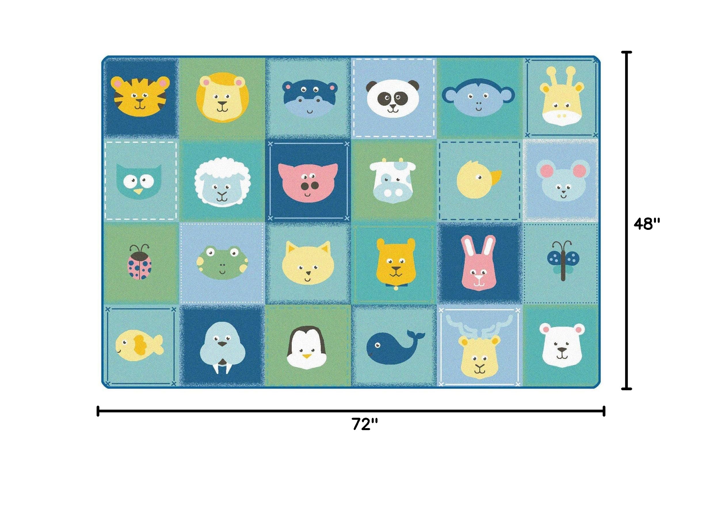 Soft Blue Animal Patchwork Nursery Rug for Kids - 6ft x 4ft Rectangle Non-Slip Playroom Carpet | Perfect for Baby Rooms, Daycare Centers & Toddler Play Areas