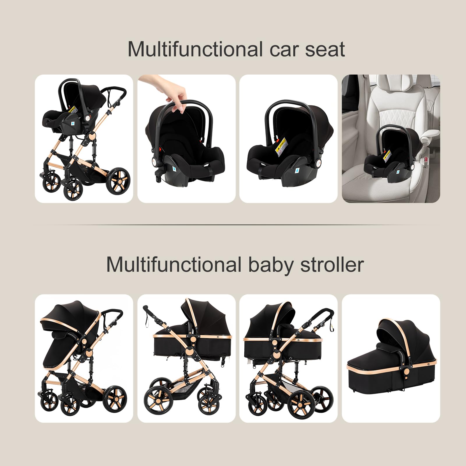 3 in 1 Baby Travel System - Reversible Luxury Stroller & Foldable Pram for Newborn to Toddler | UD588-BLACKGOLD with Base | Perfect for Shopping, Travel & Daily Walks