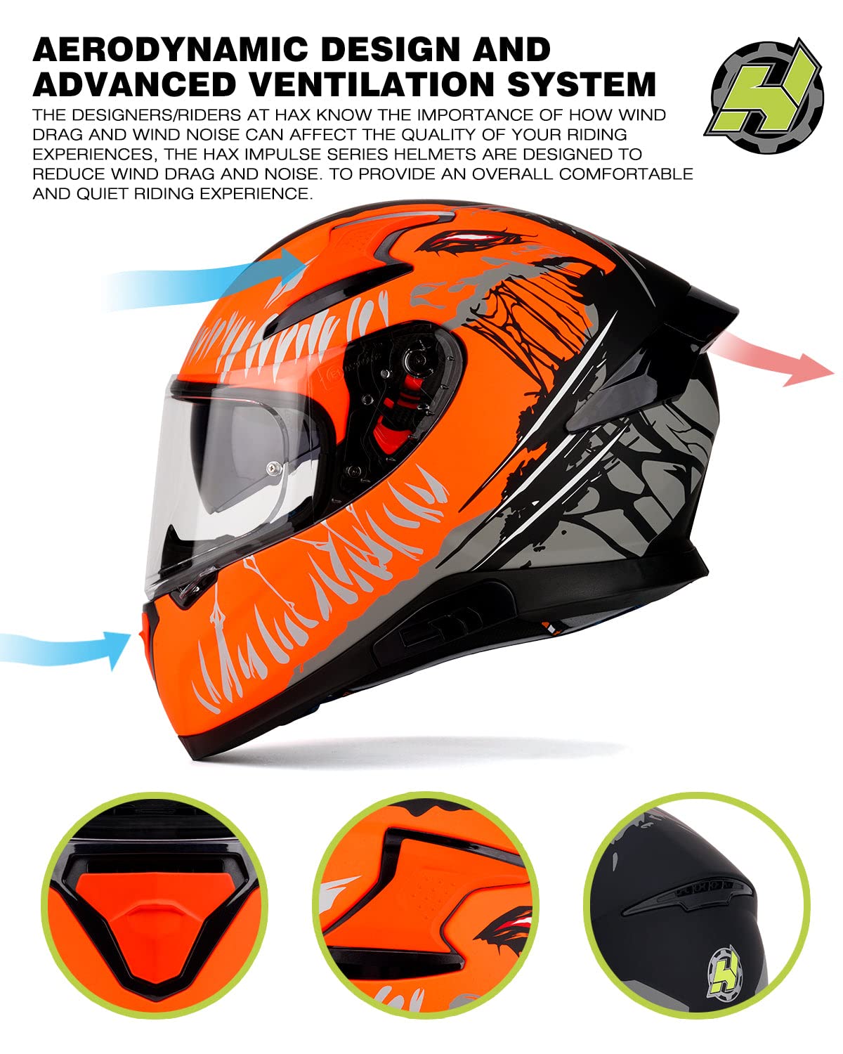 HAX Full Face Motorcycle Helmet DOT Approved - Lightweight Dual Rear Wing Street Bike Helmet for Adults with Pinlock Ready (Impulse Devour Orange, Medium) - Perfect for Urban Commuting, Highway Riding & Motorcycle Enthusiasts