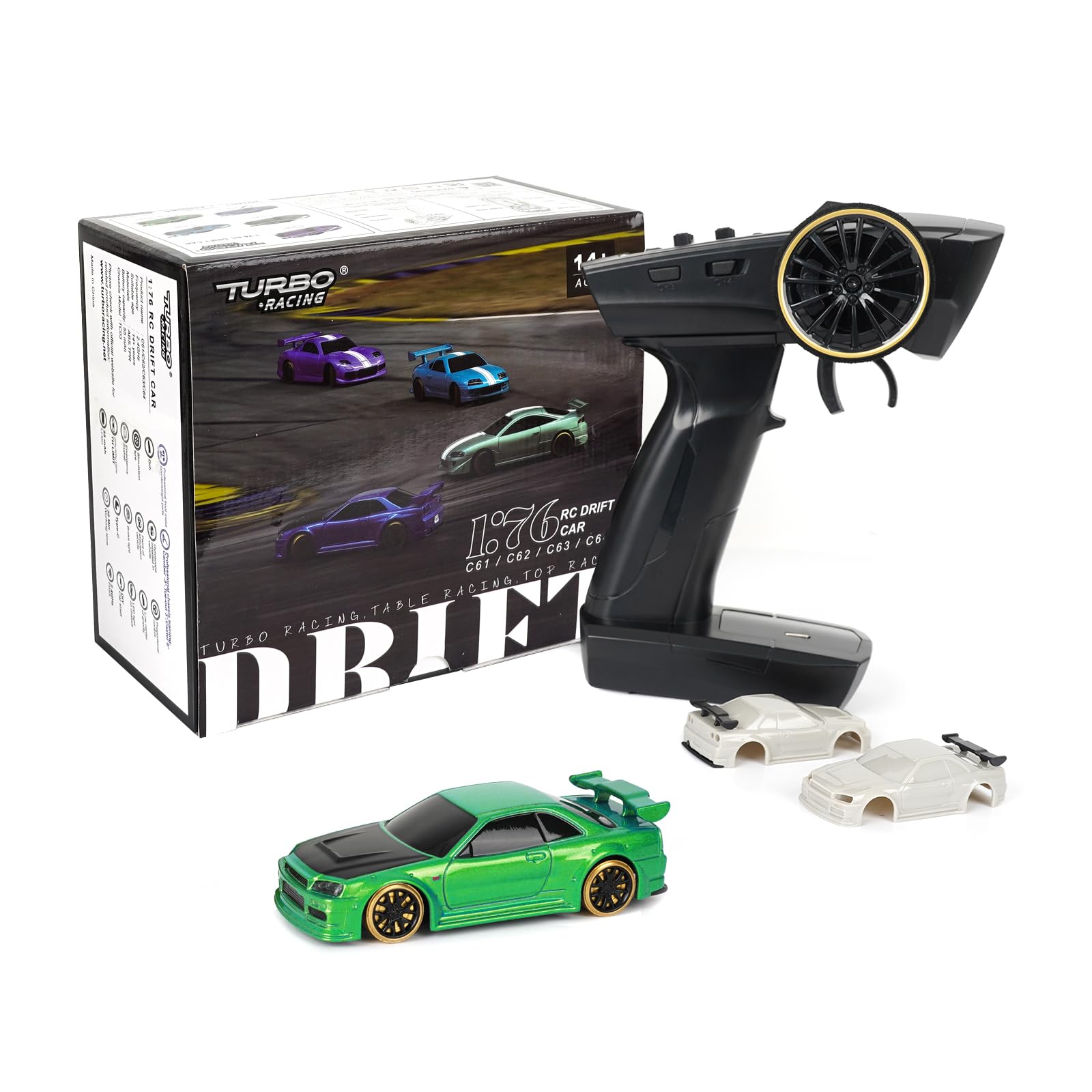 Turbo Racing 1:76 Scale Drift RC Car - 2.4GHz Remote Control Mini Model Car with Gyro, Full Proportional RTR for Adults & Kids - Perfect for Indoor Racing, Tabletop Drifting & Collectible Display (C64-Green)