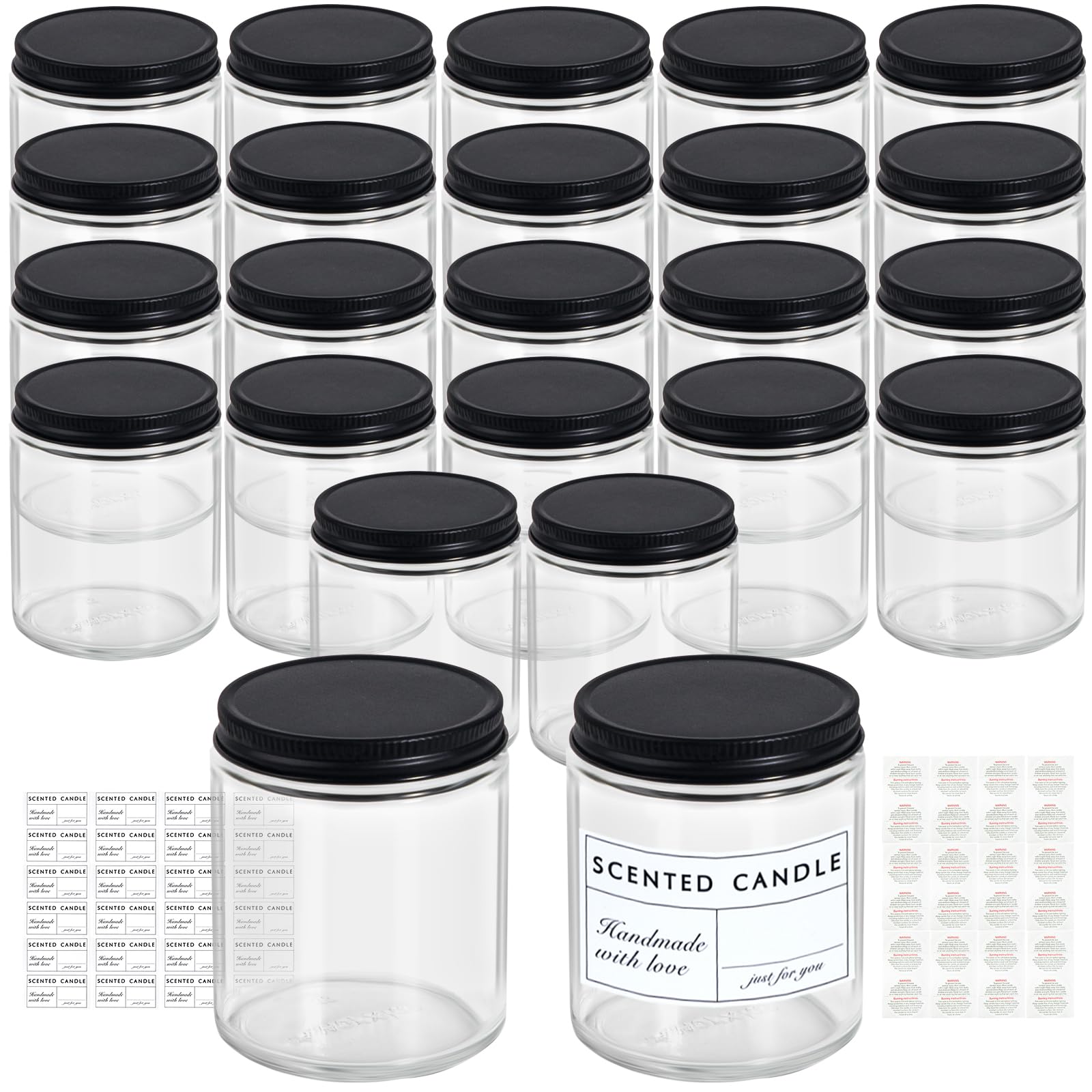 24 Pack 7oz Clear Glass Candle Jars with Lids - Thick Empty Candle Containers for DIY Candles, Spice Storage & Sample Jars - Dishwasher Safe - Perfect for Home Decor, Wedding Favors & Craft Projects