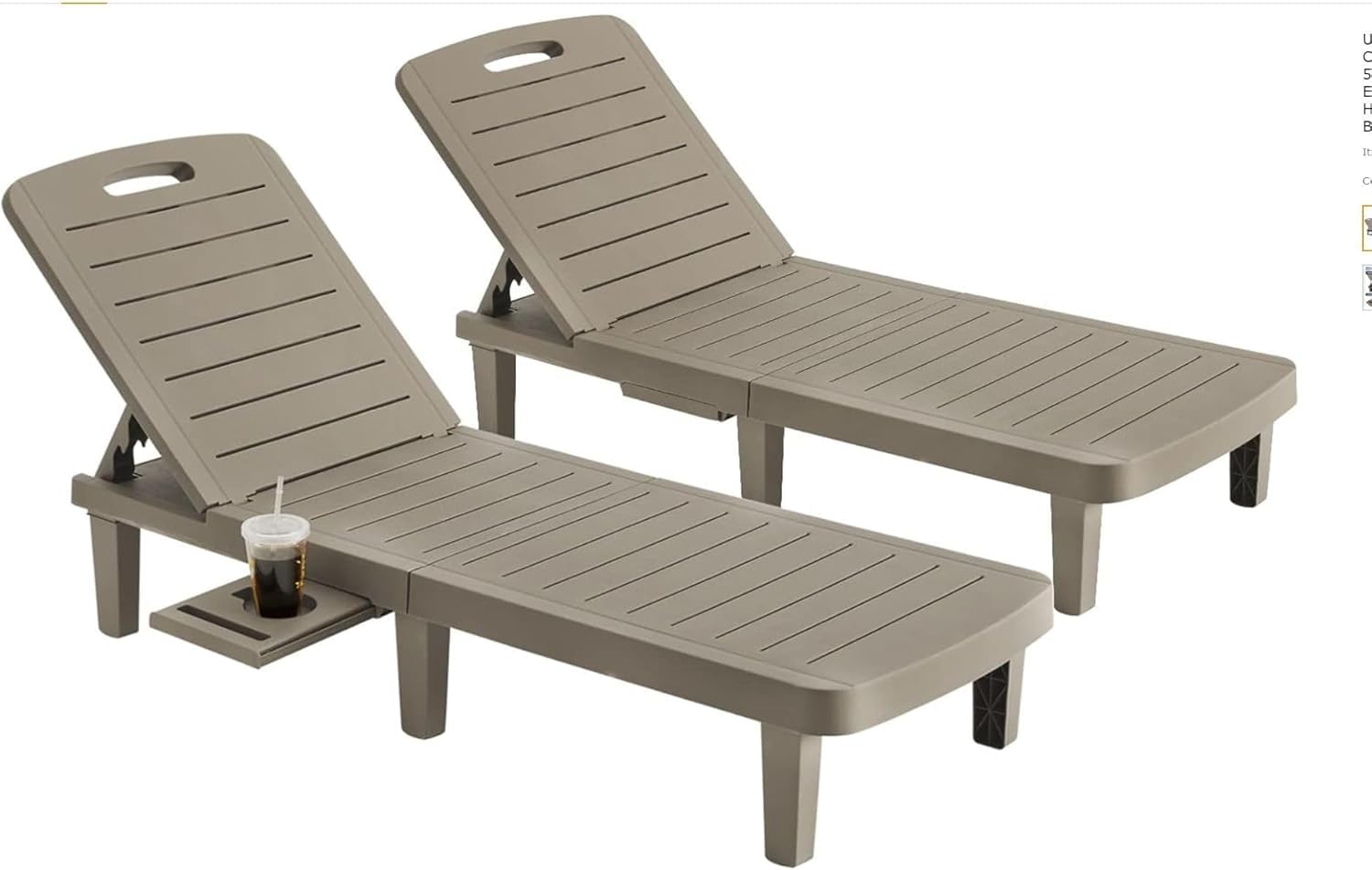 Oversized Outdoor Chaise Lounge Chairs Set of 2 - Adjustable Backrest Patio Lounge Chairs with Cup Holder, Durable Resin Poolside Chaise for Beach, Garden & Yard - Perfect for Sunbathing, Relaxing by the Pool & Outdoor Lounging - Grey