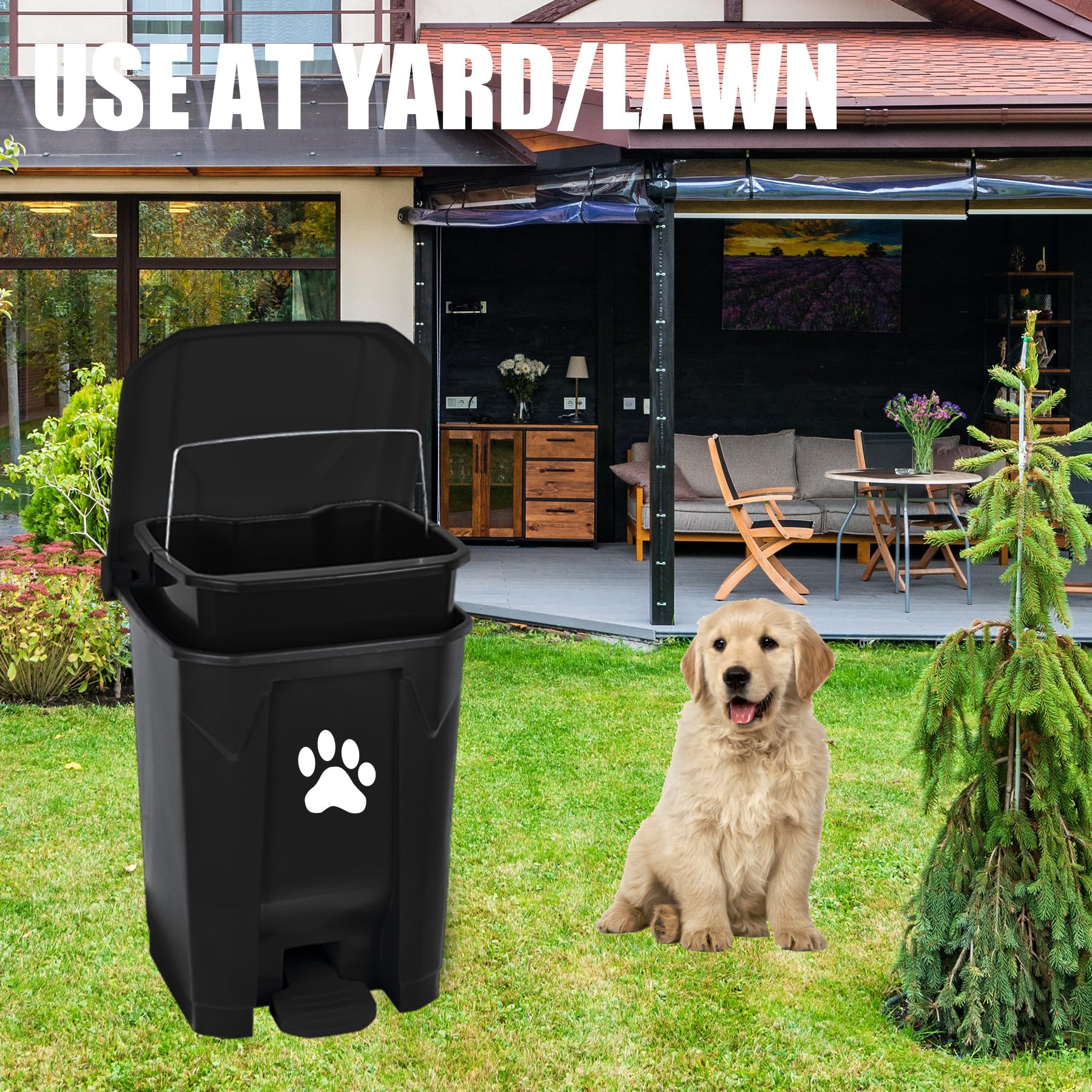 15L Black Hands-Free Pedal Dog Waste Station with Lid & Removable Inner Bucket - Outdoor Pet Poop Disposal Can for Garden, Yard & Home (Includes Waste Bags) - Ideal for Easy Dog Waste Management & Clean Outdoor Spaces