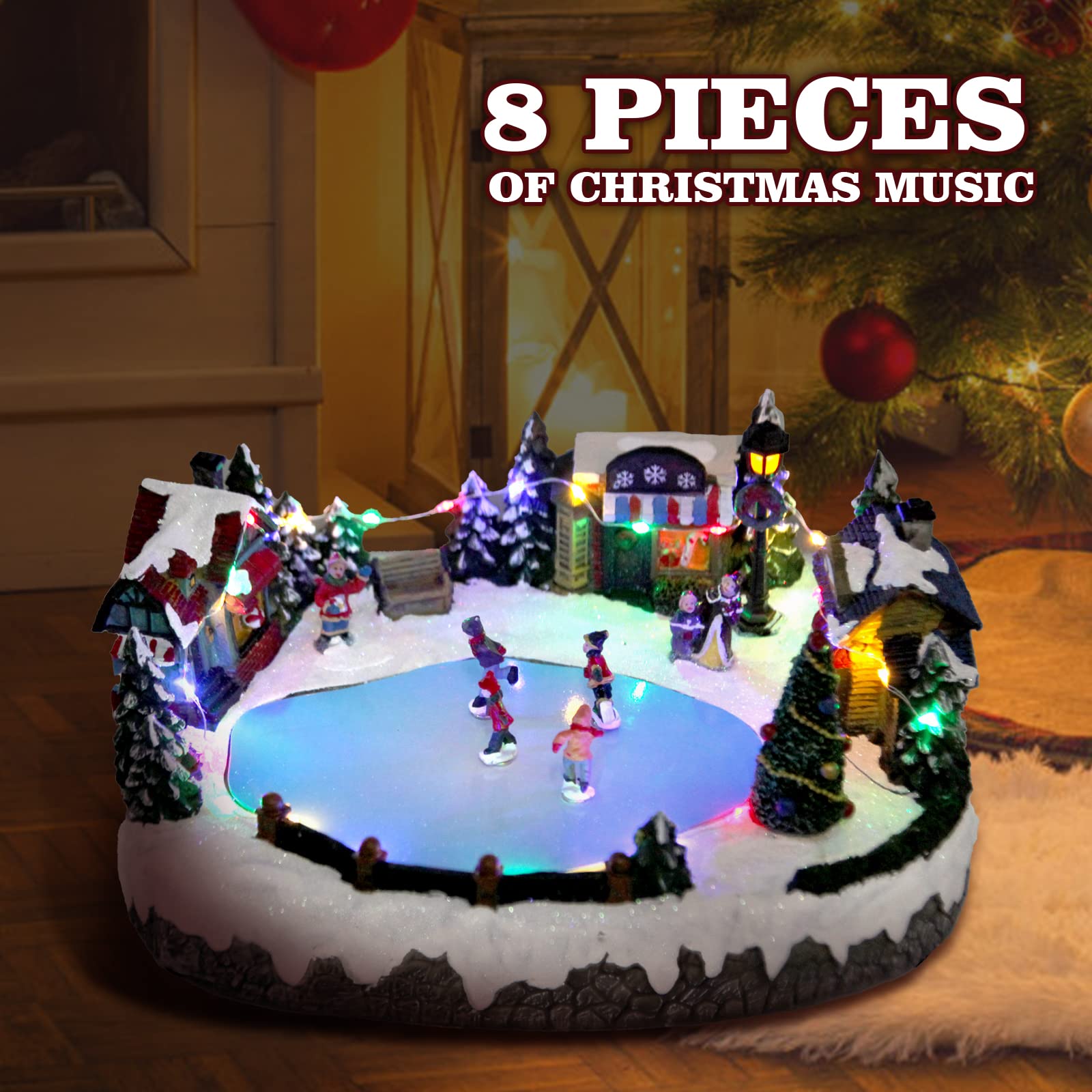 Christmas Village Snow Globe with Spinning Train & 8 Musical Tunes - Collectible Holiday Decoration for Home, Kids Room, Office Desk | Perfect Christmas Gift for Boys & Girls (Skating Scene)