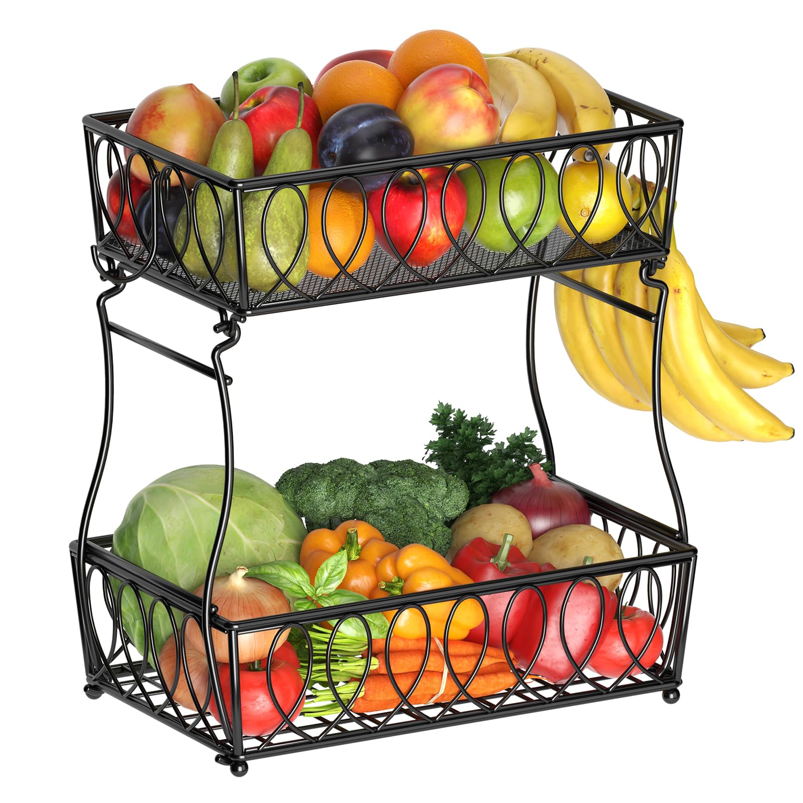 2-Tier Countertop Fruit Basket & Bread Bowl - 13.8-Inch Black Wire Storage Basket for Kitchen, Vegetables, Potatoes, Onions | Perfect for Pantry Organization & Countertop Display