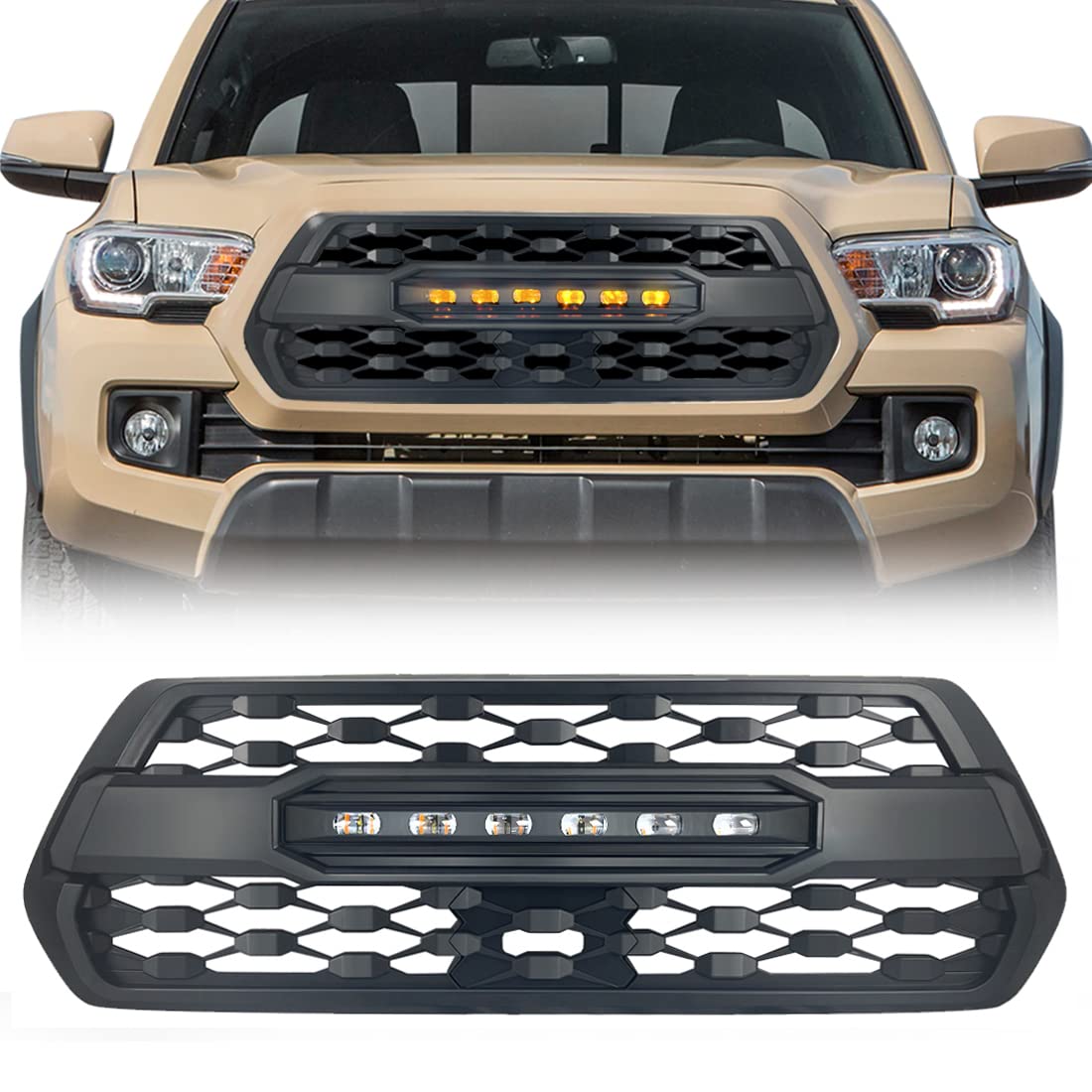 TRD Pro Style Grille for Toyota Tacoma 2016-2021 | Matte Black Front Grill with LED Off-Road Lights | Compatible with Non-Radar Models | Upgrade for Off-Roading & Truck Customization