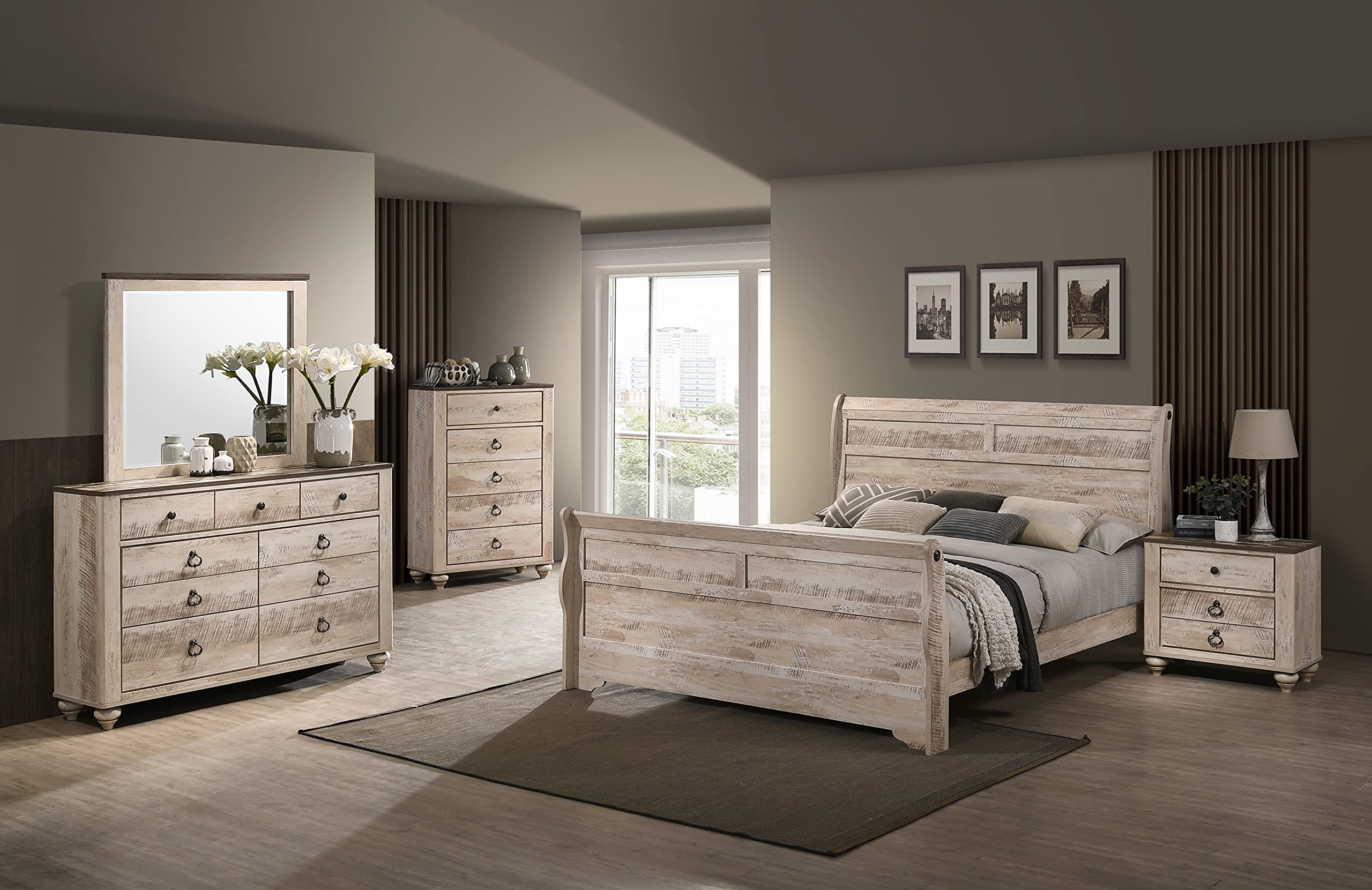 Roundhill Furniture Imerland 6-Piece King Size Sleigh Bedroom Set with White-Washed Finish - Perfect for Master Bedrooms & Guest Rooms
