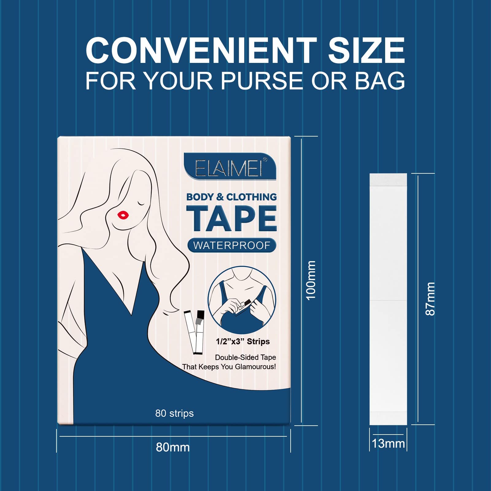 Body Tape for Clothes & Skin - Strong Double Sided Adhesive Tape for All Skin Tones & Fabrics - Clear Fashion Tape (80 Strips) - Perfect for Strapless Dresses, Swimsuits & Wardrobe Fixes