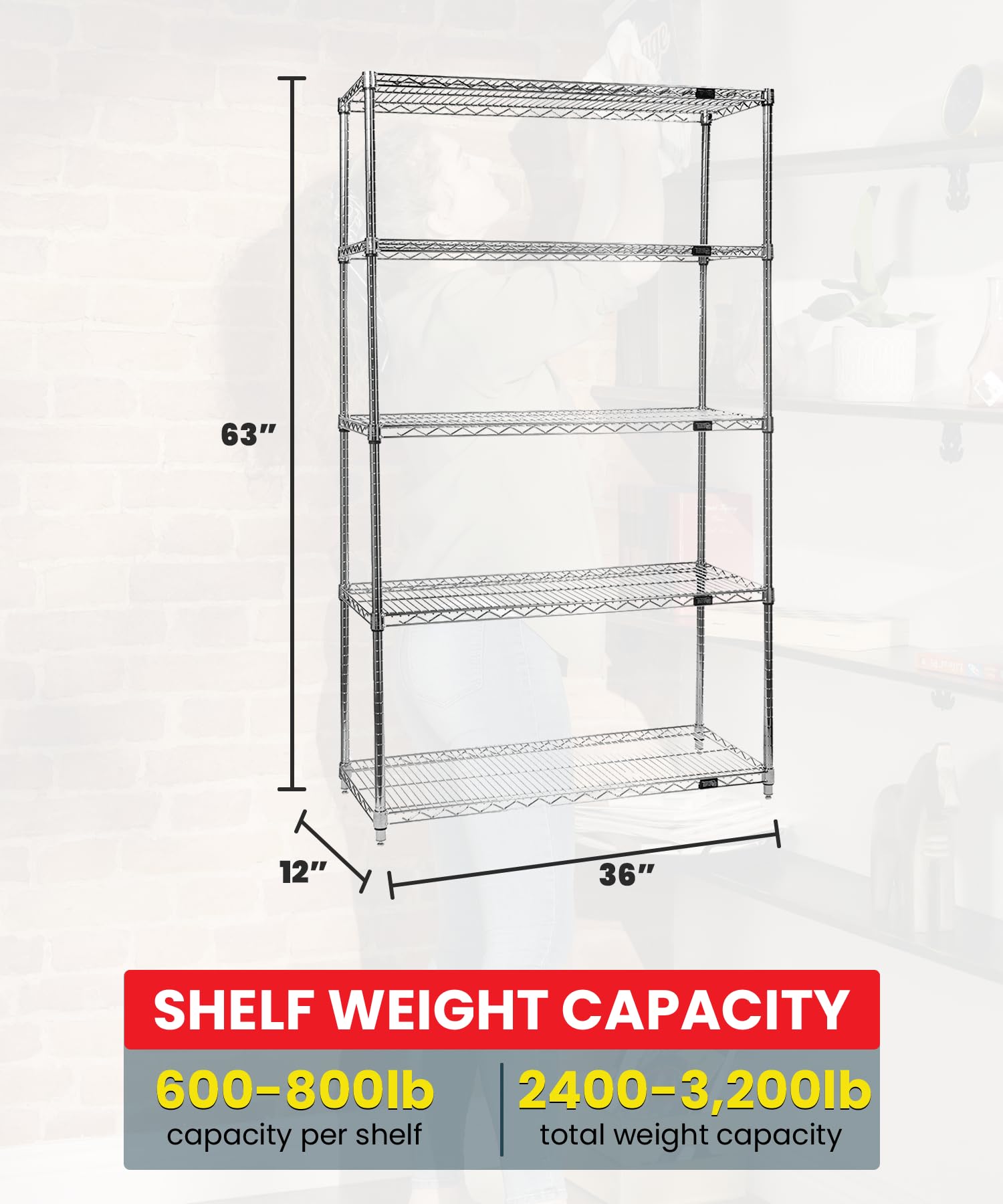 QUANTUM STORAGE SYSTEMS WR63-1236C-5 Chrome Wire Shelving Starter Kit - 5 Shelves, 63