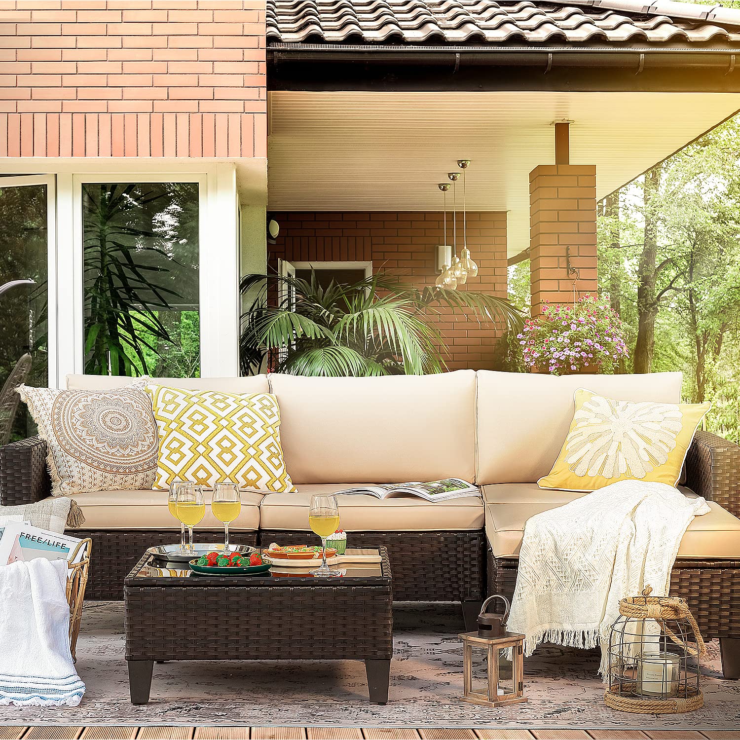 5-Piece Outdoor Patio Furniture Set - Wicker Sectional Sofa with Glass Table & Cushions for Backyard, Garden, Poolside | Durable All-Weather Rattan Patio Seating for Relaxing & Entertaining