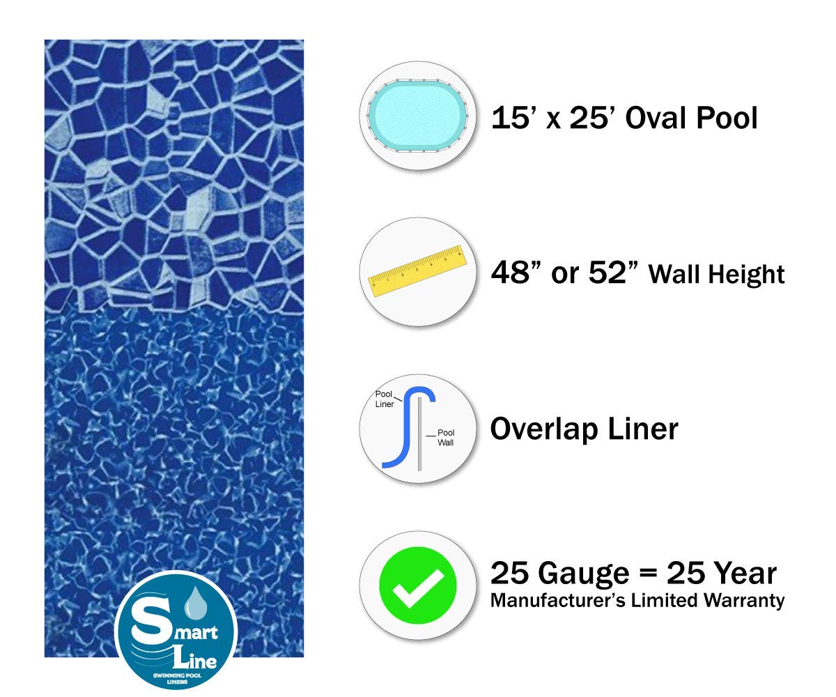 Smartline 15 ft x 25 ft Oval Swimming Pool Liner - Cracked Glass Design | Overlap Style | 48-52 Inch Wall Height | 25 Gauge Heavy Duty Virgin Vinyl | Compatible with Steel Sided Above Ground Pools | Perfect for Backyard Summer Fun & Family Gatherings