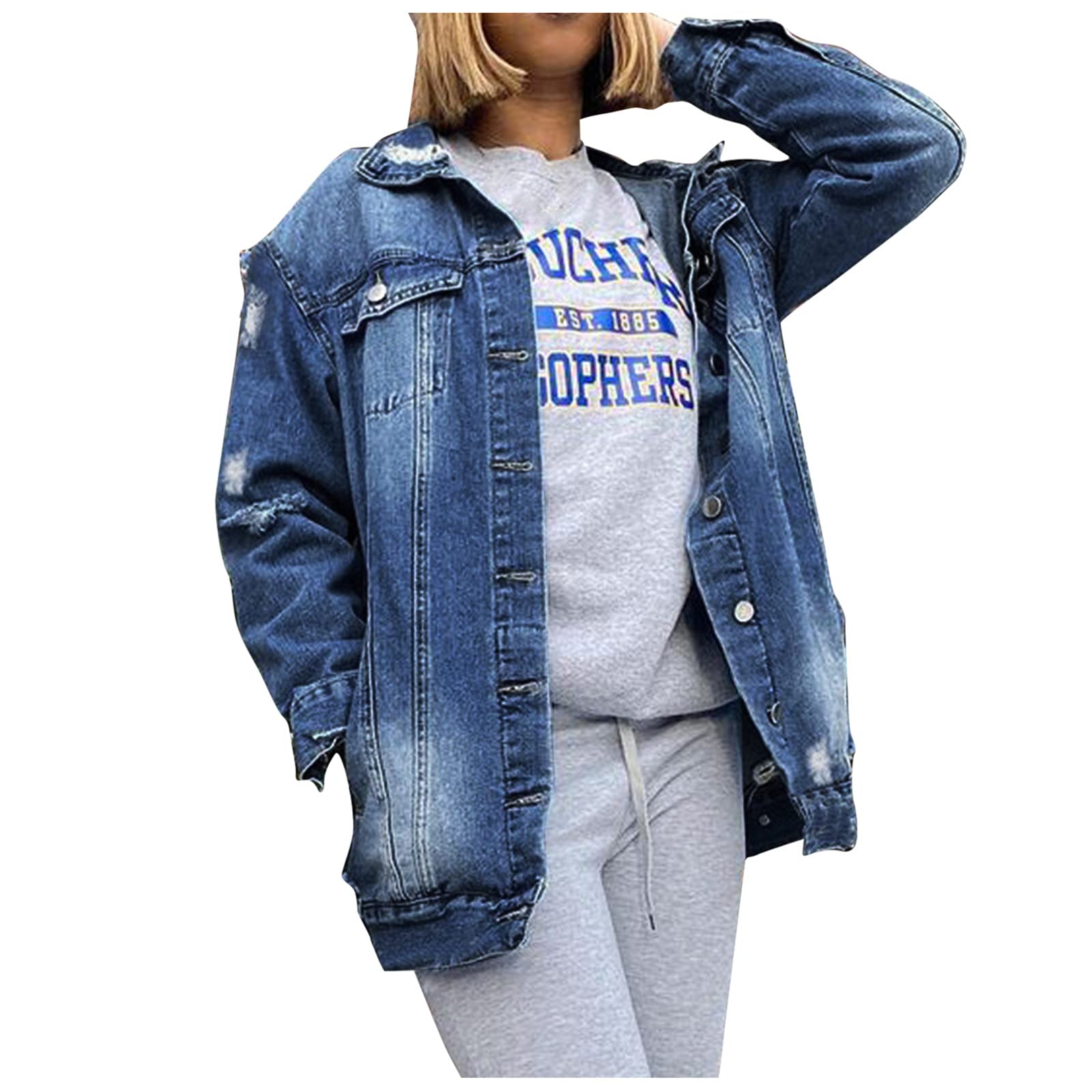 Plus Size Women's Denim Jacket - Long Sleeve Button Down Oversized Jean Coat for Casual Outfits | Perfect for Layering in Fall & Spring Seasons