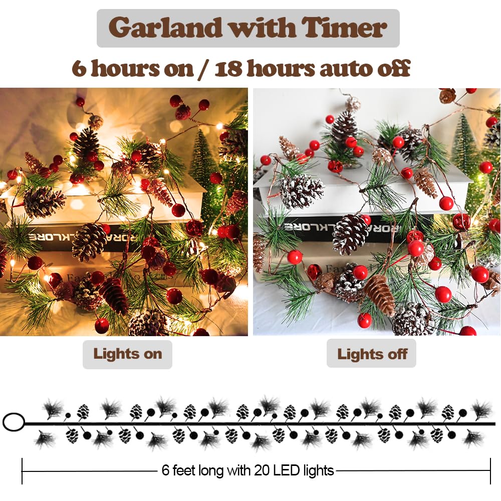 13ft LED Christmas Pine Garland with 40 Battery-Operated Lights & Red Berries - Holiday Decor for Tree, Fireplace, Stairs, Windows - Perfect for Indoor/Outdoor Xmas Decoration