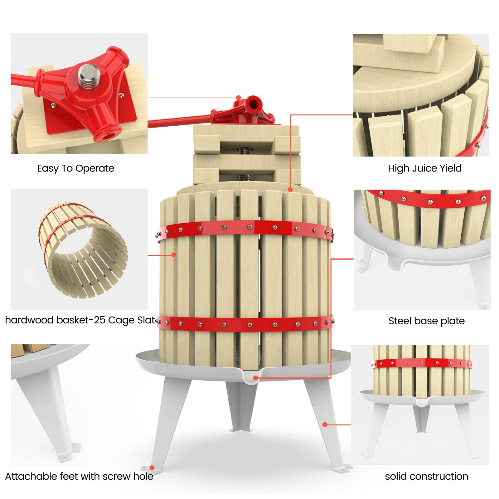 100% Natural Manual Fruit Crusher & Wine Press for Apples, Grapes, Berries - Includes Filter Bag | Perfect for Homemade Juice, Cider, Wine Making at Home