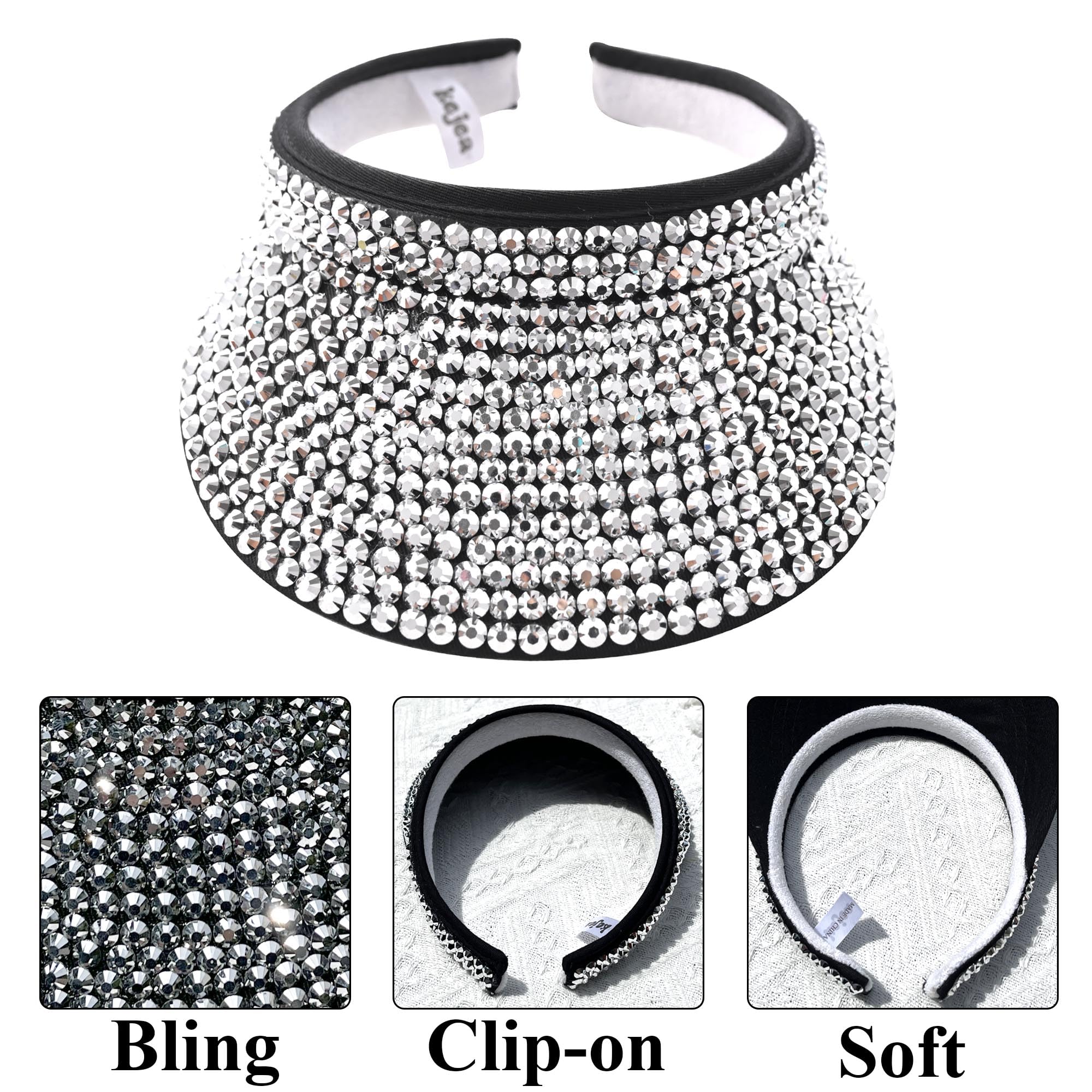 Shiny Rhinestone Clip-On Sun Visor Hat for Women & Men - Adjustable Bling Sports Summer Cap for Golf, Beach, Driving & Outdoor Activities