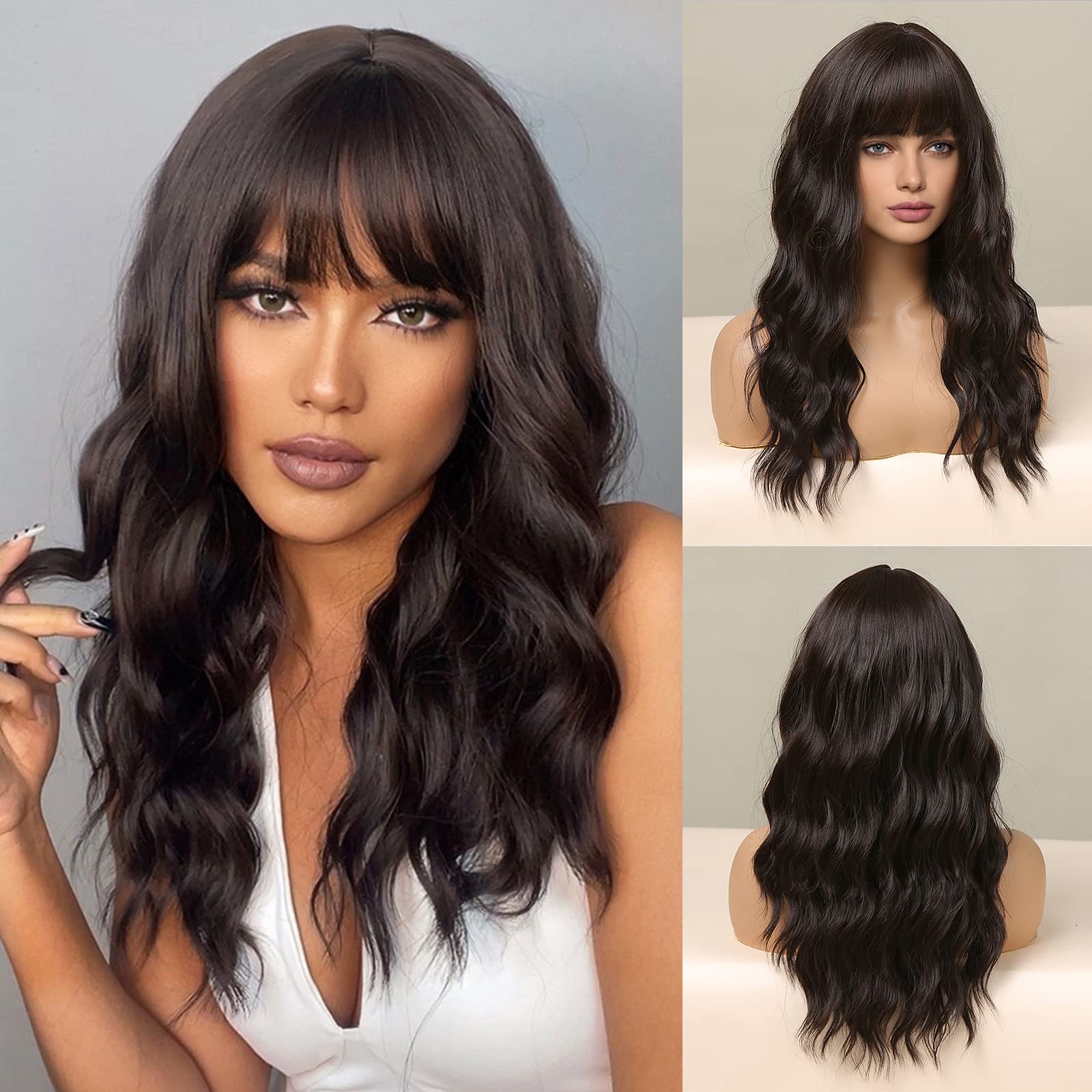 Long Curly Synthetic Wigs for Women - Dark Brown Heat Resistant Wig with Bangs | Natural Look for Daily Wear & Cosplay | Perfect for Parties, Halloween & Everyday Styling