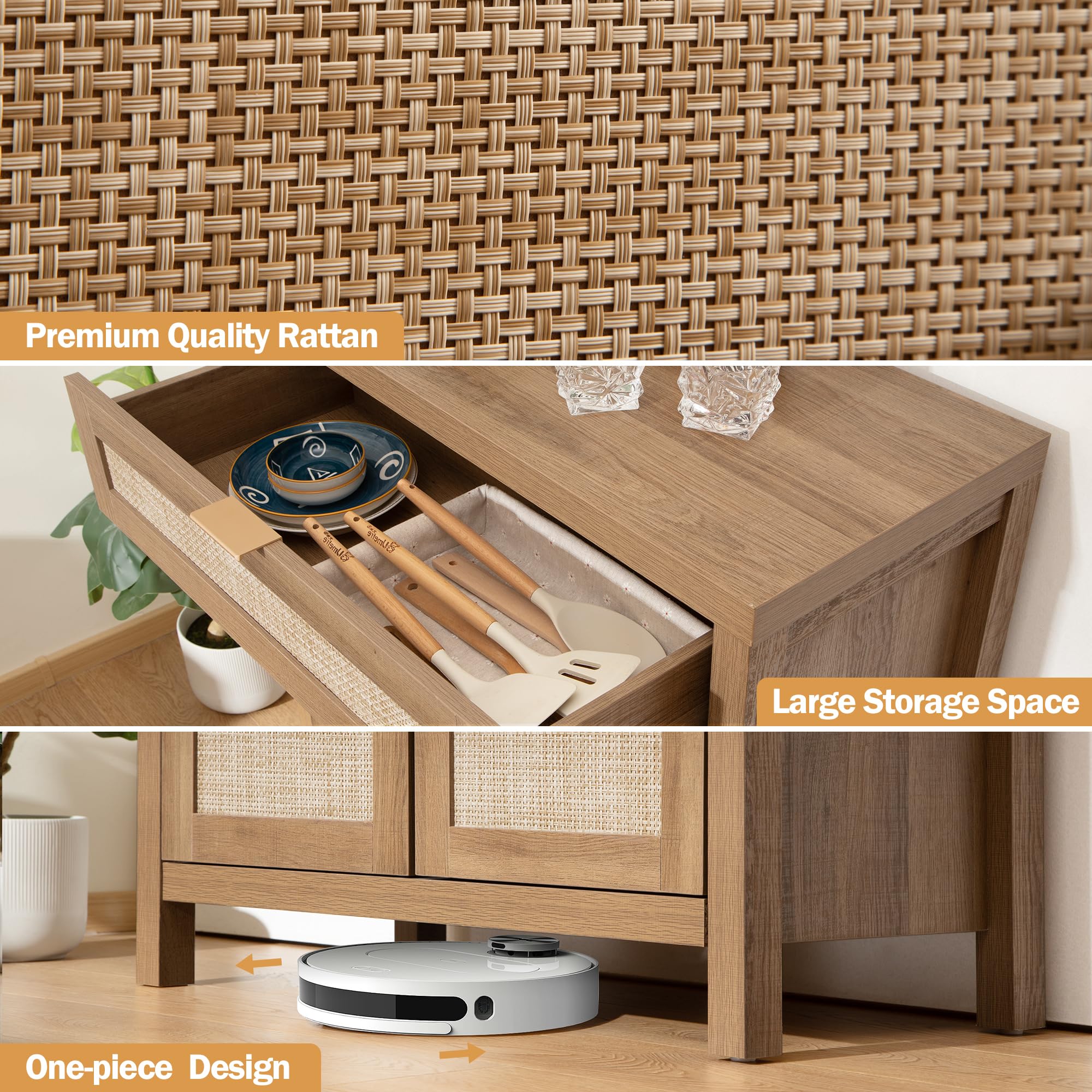 SICOTAS 2-Piece Rattan Sideboard Buffet Cabinet Set, Boho Farmhouse Credenza Storage with Drawers, Natural Oak Console Table for Coffee Bar, Entryway, Living & Dining Room - Perfect for Home Decor, Entertaining & Storage Solutions
