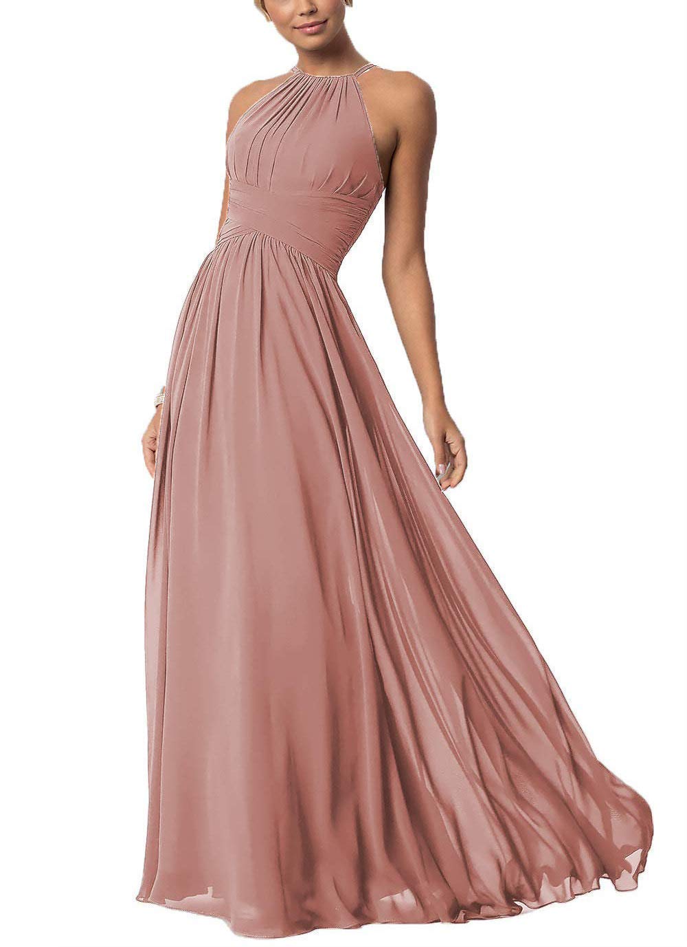 Elegant Chiffon Halter Bridesmaid Dress with Pleated Skirt - Long Formal Prom Party Gown for Women - Perfect for Weddings, Evening Galas & Special Occasions