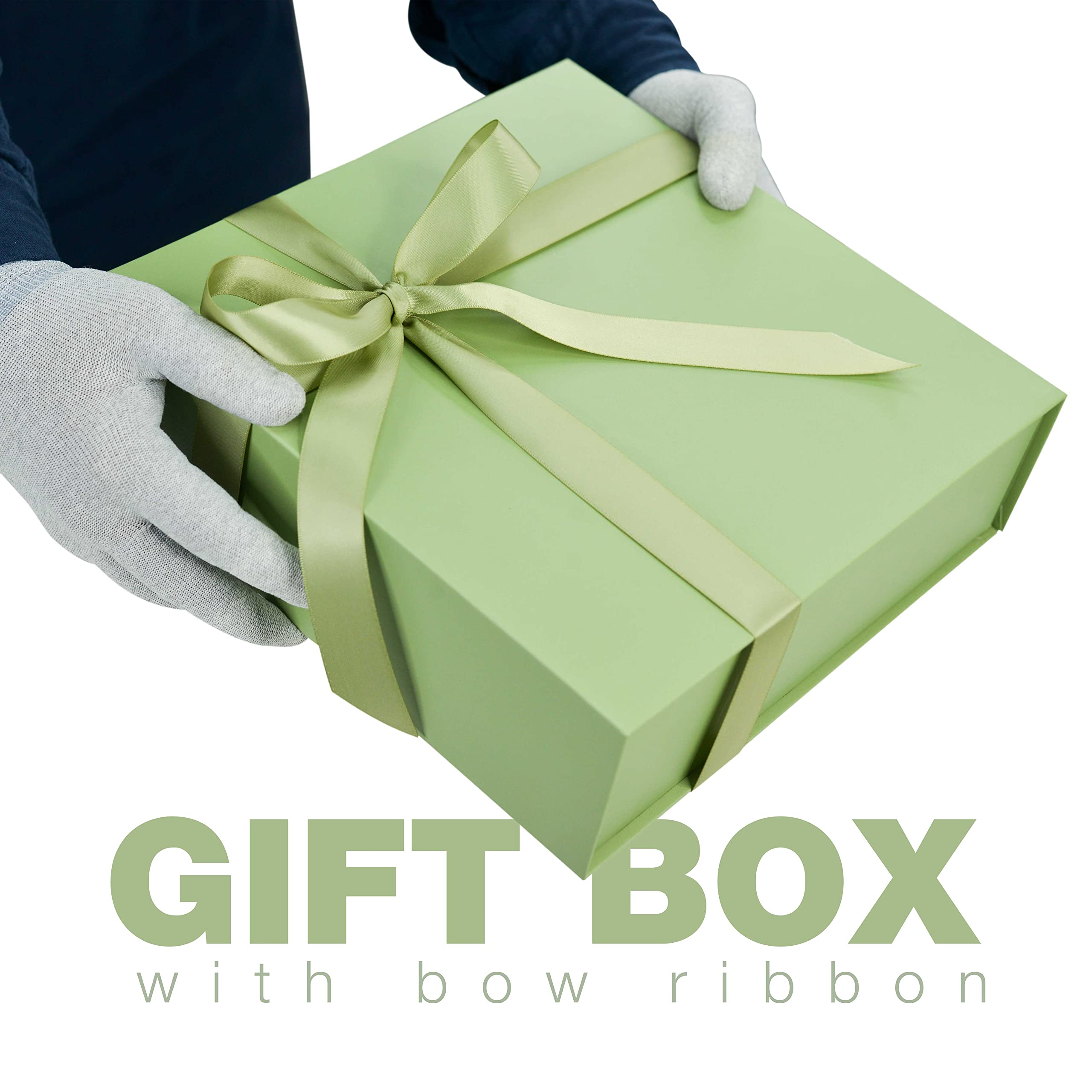 Premium Green Gift Box with Satin Ribbon - 26x26x8cm Reusable Rigid Cardboard Hamper Box for Packaging, Weddings, Birthdays & Corporate Gifting (Includes 2.5m Spring Moss Satin Ribbon) - Eco-Friendly Gift Packaging Solution