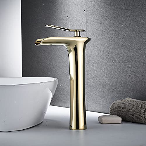 Golden Single Handle Waterfall Bathroom Vessel Sink Faucet - Modern Bathroom Vanity Upgrade for Spa-Like Luxury Experience