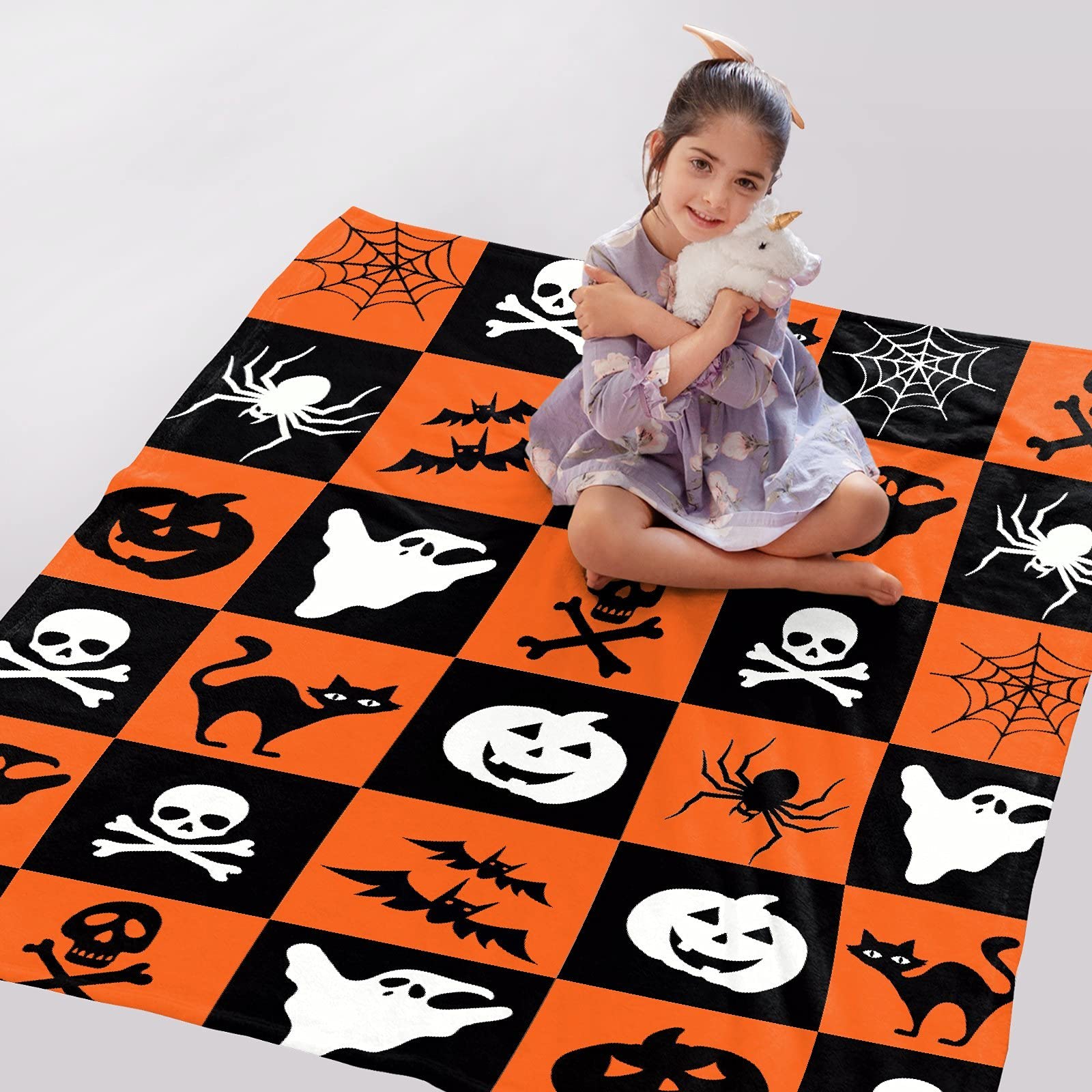 Halloween Throw Blanket - Spooky Spider Skull Web Design with Bats & Ghosts - Ultra Soft Warm Flannel Blanket (90x120 Inches) - Orange & Black Cozy Bedding for Couches, Beds, Halloween Decor - Anti-Pilling & Machine Washable - Perfect for Fall Season, Movie Nights & Holiday Gift
