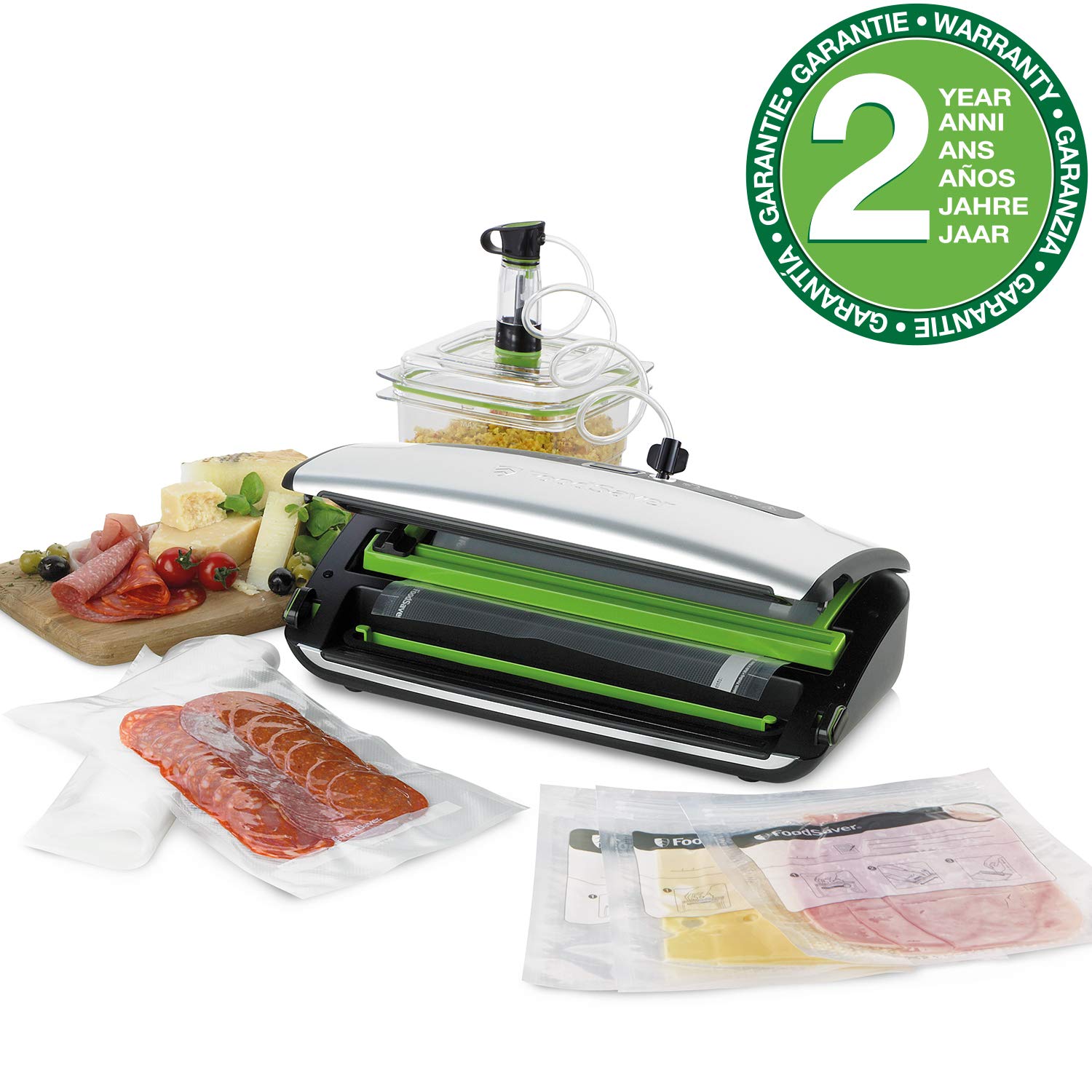 FoodSaver FFS016X Vacuum Sealer Machine for Dry and Wet Food - Built-in Cutter, Roll Holder, Automatic Sealing with Suction Function - Includes Tube Adapter & Accessories - Perfect for Meal Prep, Sous Vide, and Food Storage (Silver)