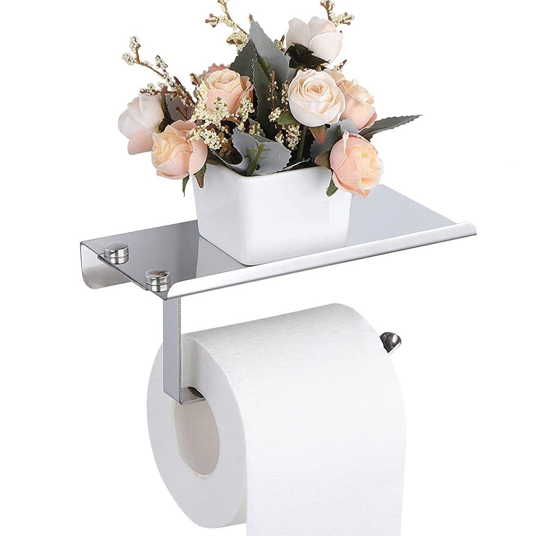 Stainless Steel Wall Mount Toilet Paper Holder with Phone Shelf - 304 Rustproof Bathroom Tissue Dispenser for Kitchen & Bathroom | Space-Saving Design for Small Spaces & Modern Homes