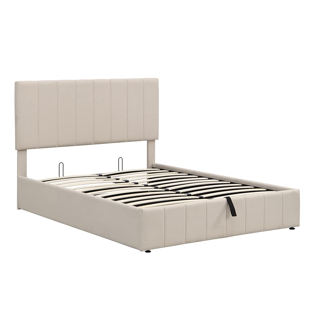 Full Size Wooden Upholstered Platform Bed with Hydraulic Storage System - Linen Fabric Upholstered Headboard, Beige Bed Frame for Master Bedroom, Guest Room & Small Space Furniture Solution