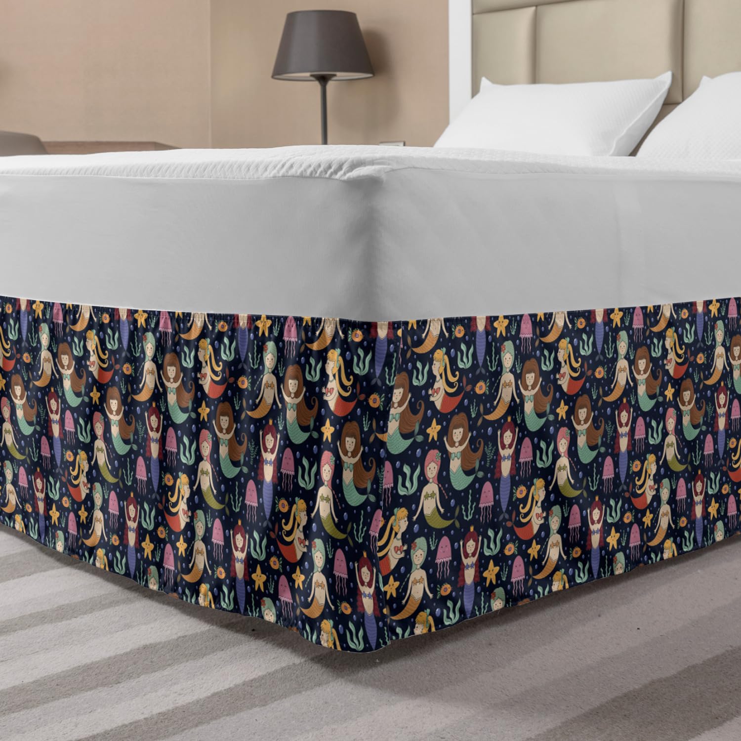 Ambesonne Mermaid Bed Skirt for Queen Size Beds - Fun Cartoon Ocean Girls with Colorful Tails & Bubbles Design - Elastic Wrap Around Gathered Bedroom Decor - Perfect for Kids' Rooms, Beach Themed Bedrooms & Fantasy Decor