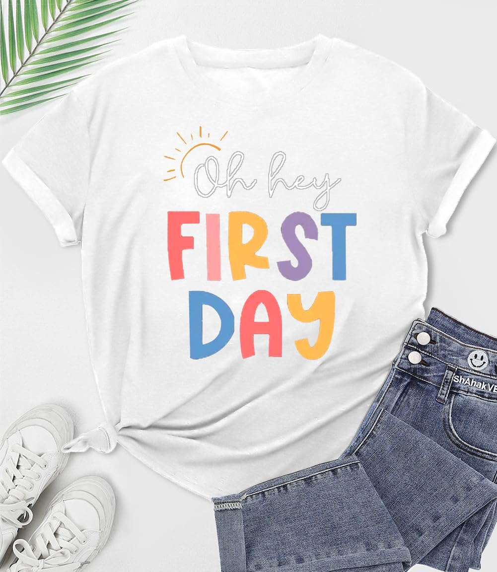 Happy First Day of School Teacher Shirts for Women - Cute Sunny Graphic Tee - Perfect Teacher's Day Gift & Back to School Apparel - Great for Classroom, Teacher Appreciation Week & Casual Wear