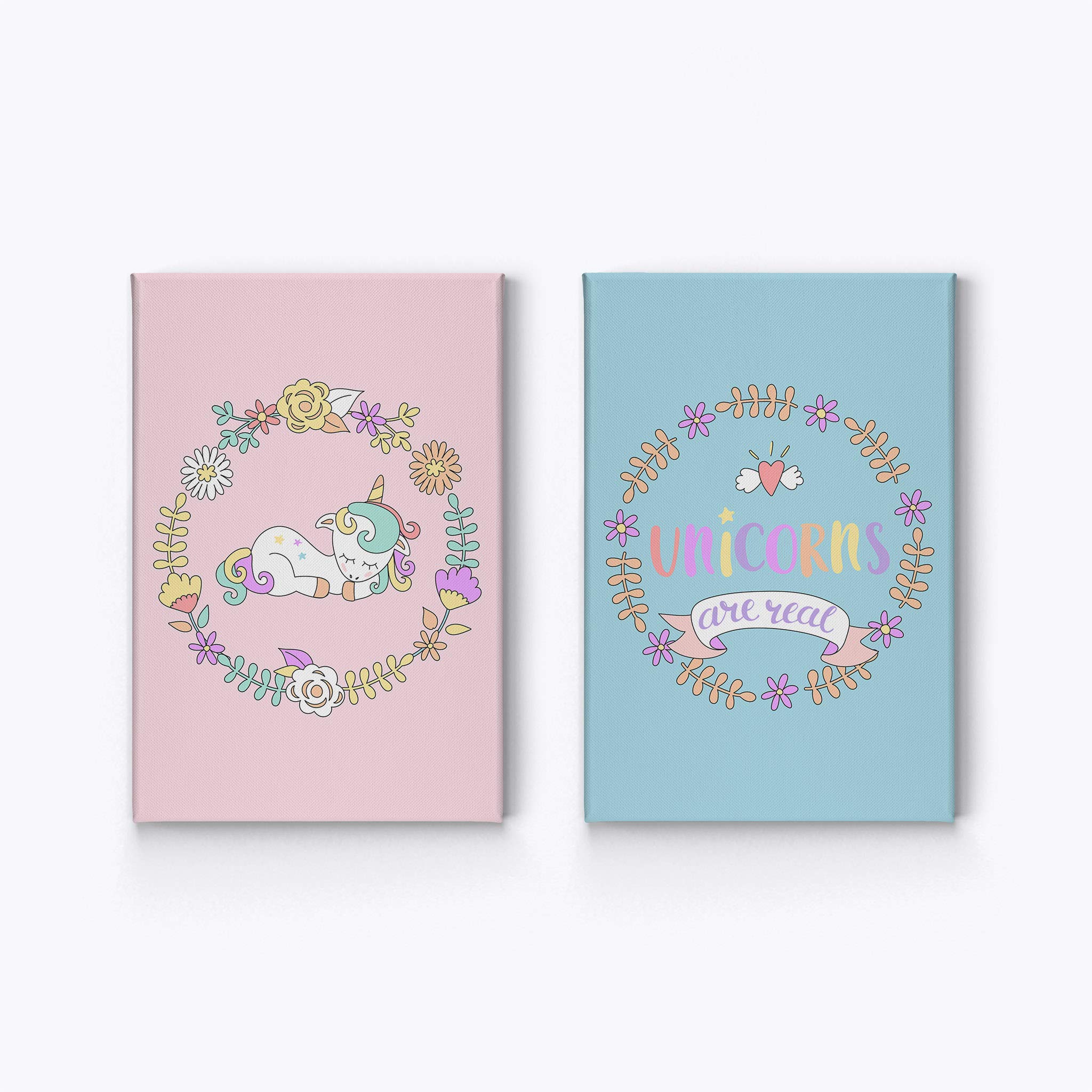 Cute Unicorn Wall Art - 2 Panel Canvas Print Set for Kids Room, Nursery & Baby Room Decor - Pink & Blue Background - Handmade in USA (40x30 Inches) - Perfect for Birthday Gifts, Baby Showers & Unicorn Themed Bedrooms