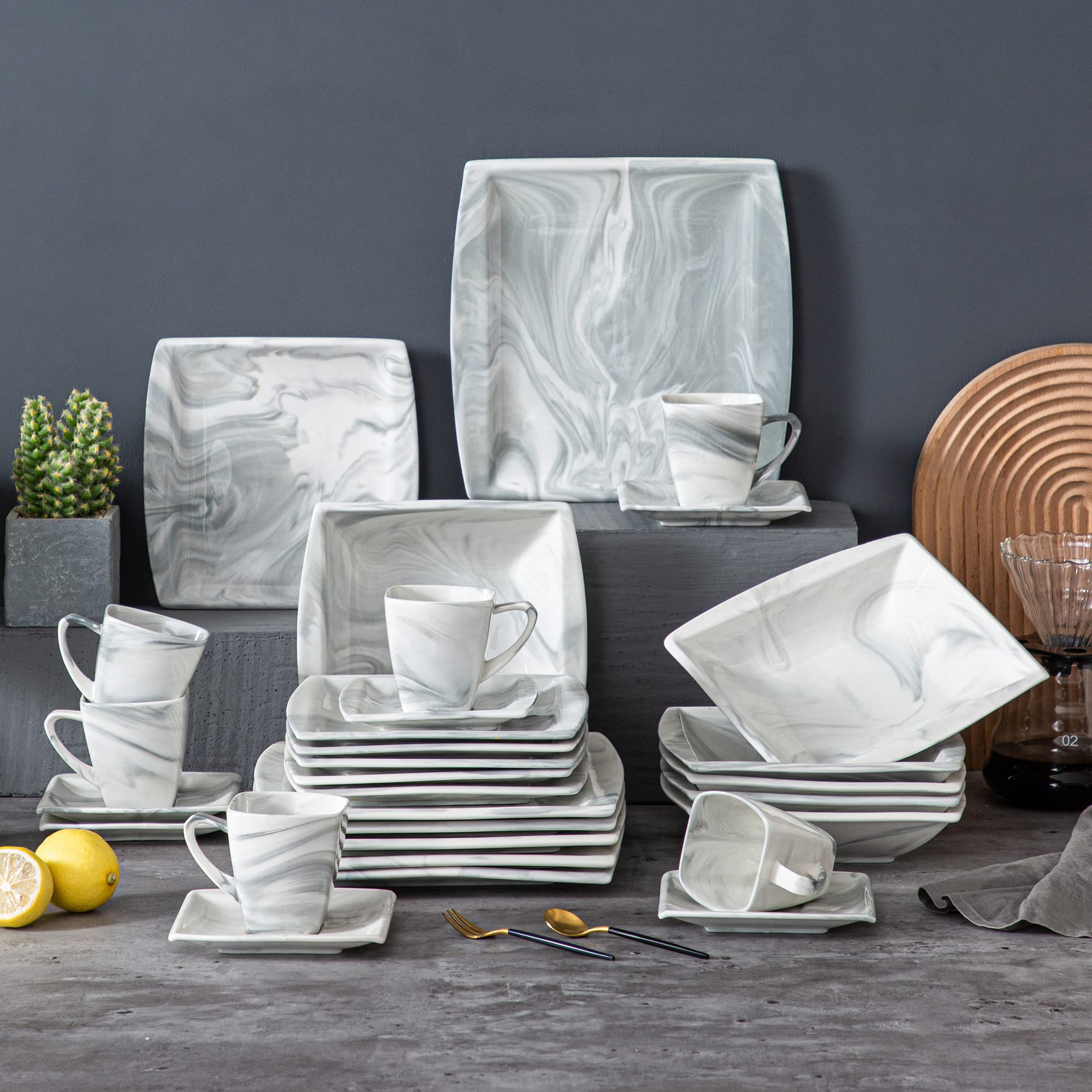 MALACASA 30-Piece Porcelain Dinnerware Set for 6 - Square Plates, Bowls, Cups & Saucers | Modern Microwave Safe Dish Set in Marble Grey (Series Blance) - Perfect for Family Dinners, Entertaining Guests & Everyday Use