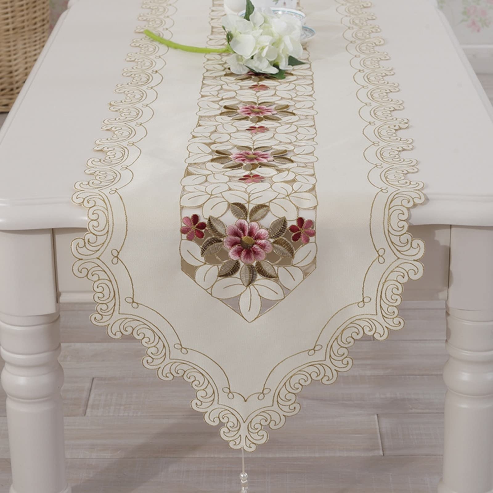 Beige Pink Round Embroidered Flower Polyester Table Runner 40x270cm - Elegant Kitchen & Dining Table Decor for Christmas, Weddings, and Home Decor