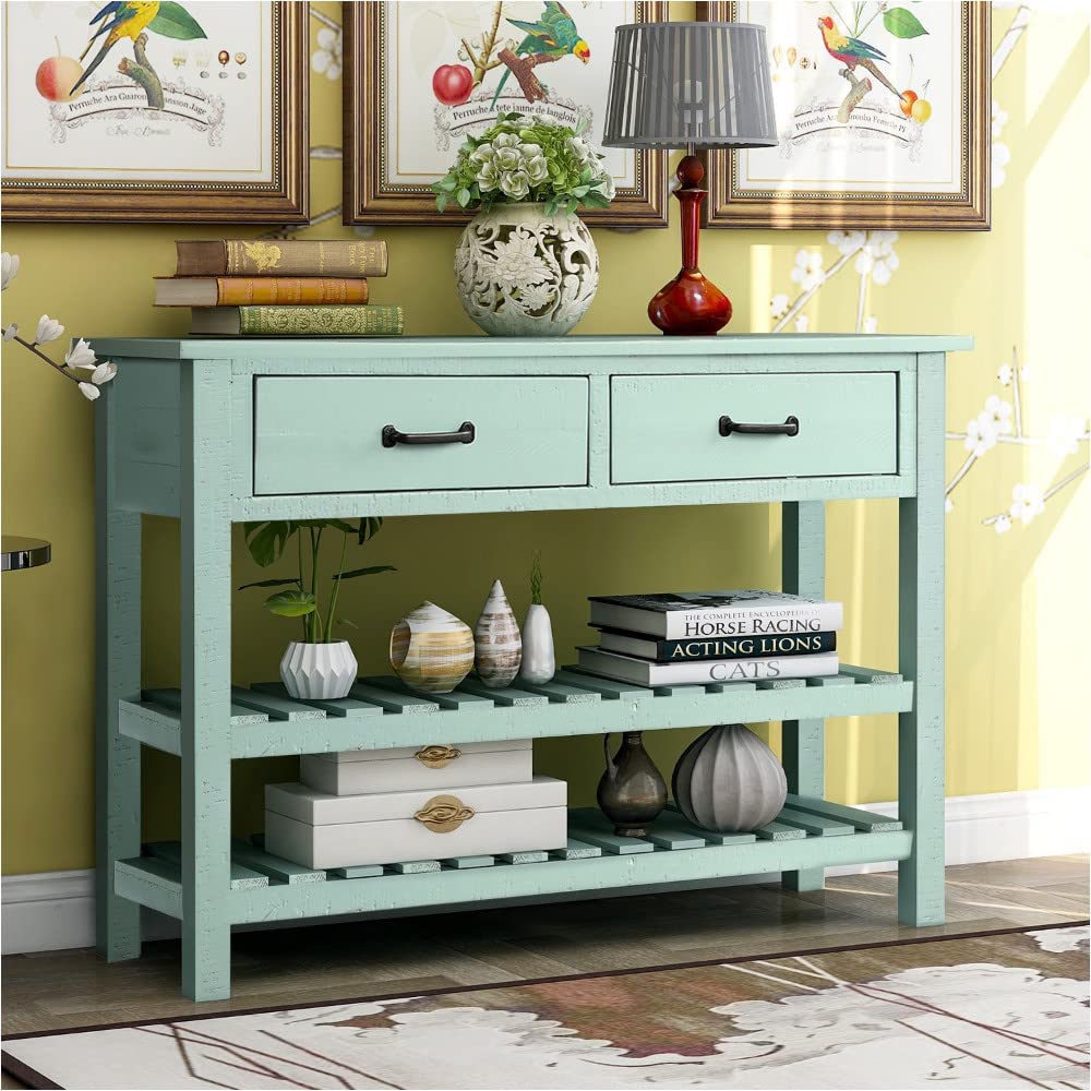 Retro Console Table with Drawers & Shelf - Entryway Sofa Table, Living Room Furniture in Vintage Blue | Perfect for Hallway Decor, Foyer Organizer & Small Space Storage